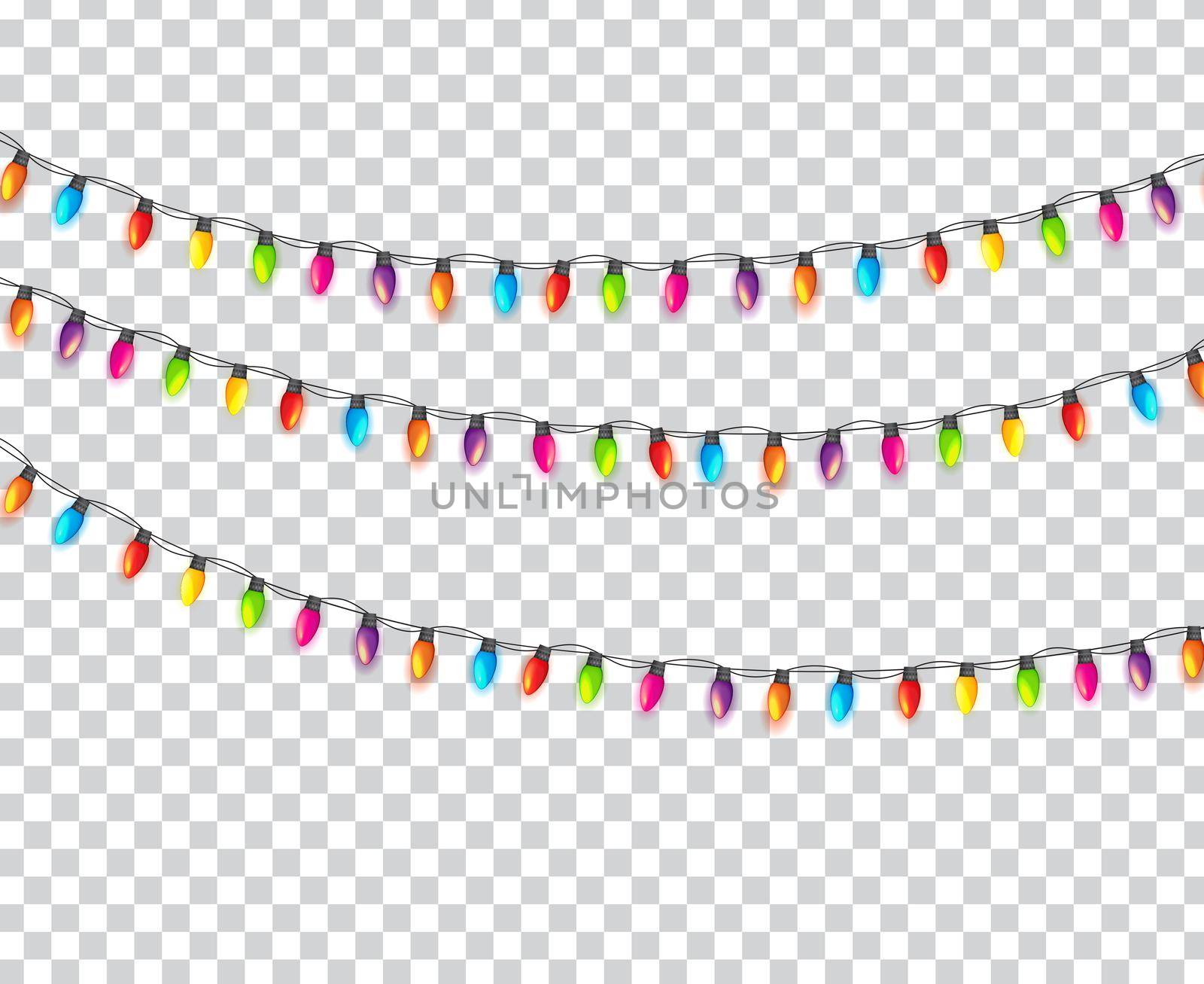Multicolored Garland Lamp Bulbs Festive Isolated on Transparent Background Vector Illustration EPS10
