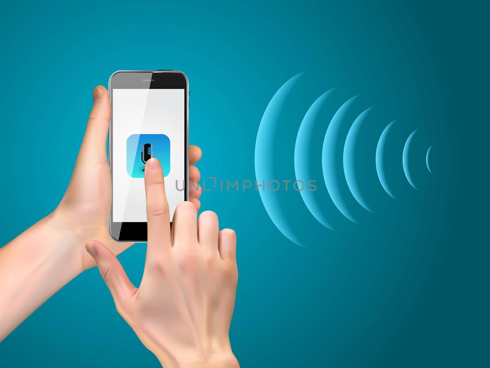 Hand with mobile phone with microphone button and intelligent technologies in flat style. Personal assistant and voice recognition concept. Vector Illustration EPS10