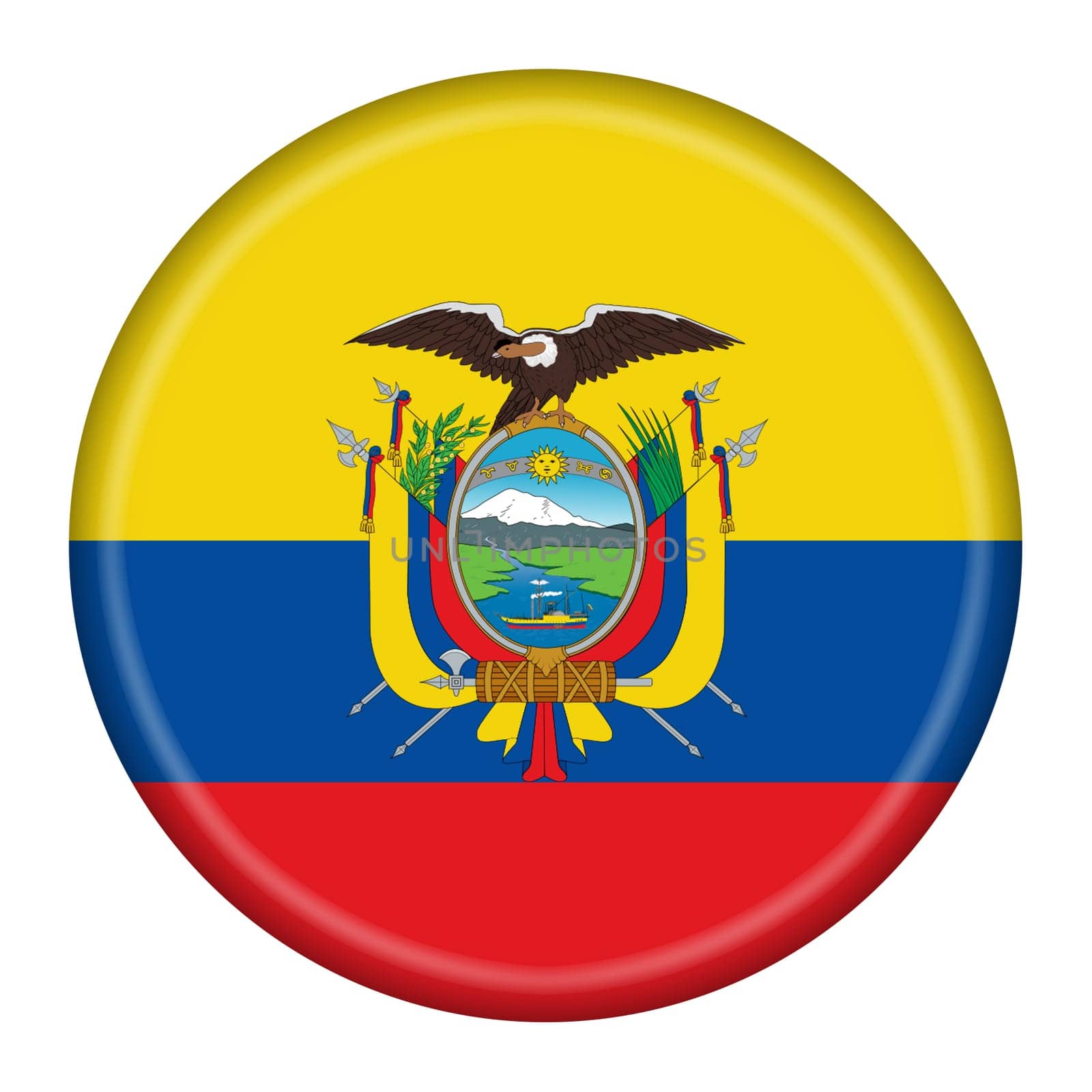 An Ecuador flag button 3d illustration with clipping path