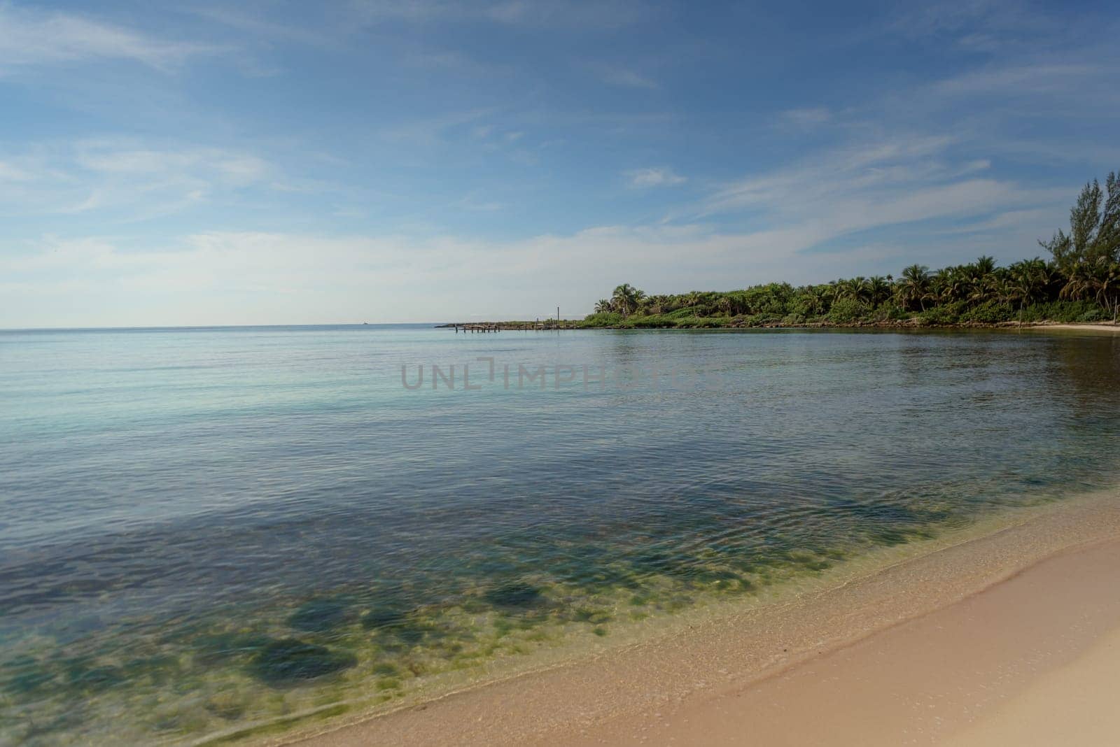 Sea shore on the Caribbean beach in the Zona Hoteleria in Cancun Quintana Roo Mexico.