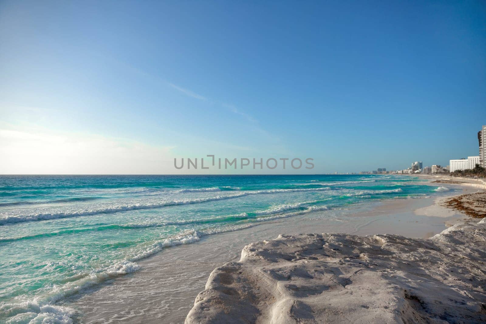 Sea shore on the Caribbean beach in the Zona Hoteleria in Cancun Quintana Roo Mexico.