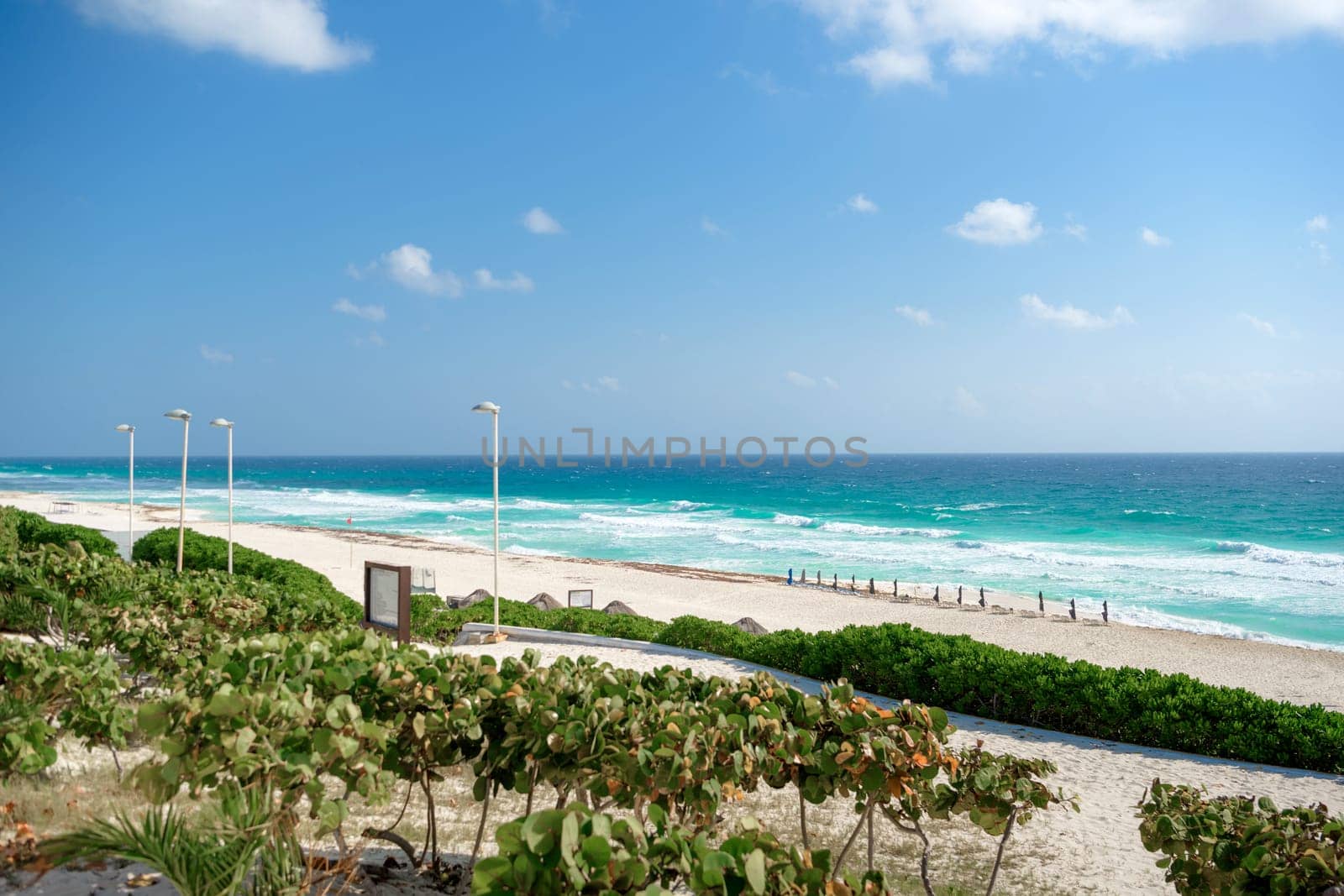 Sea shore on the Caribbean beach in the Zona Hoteleria in Cancun Quintana Roo Mexico.