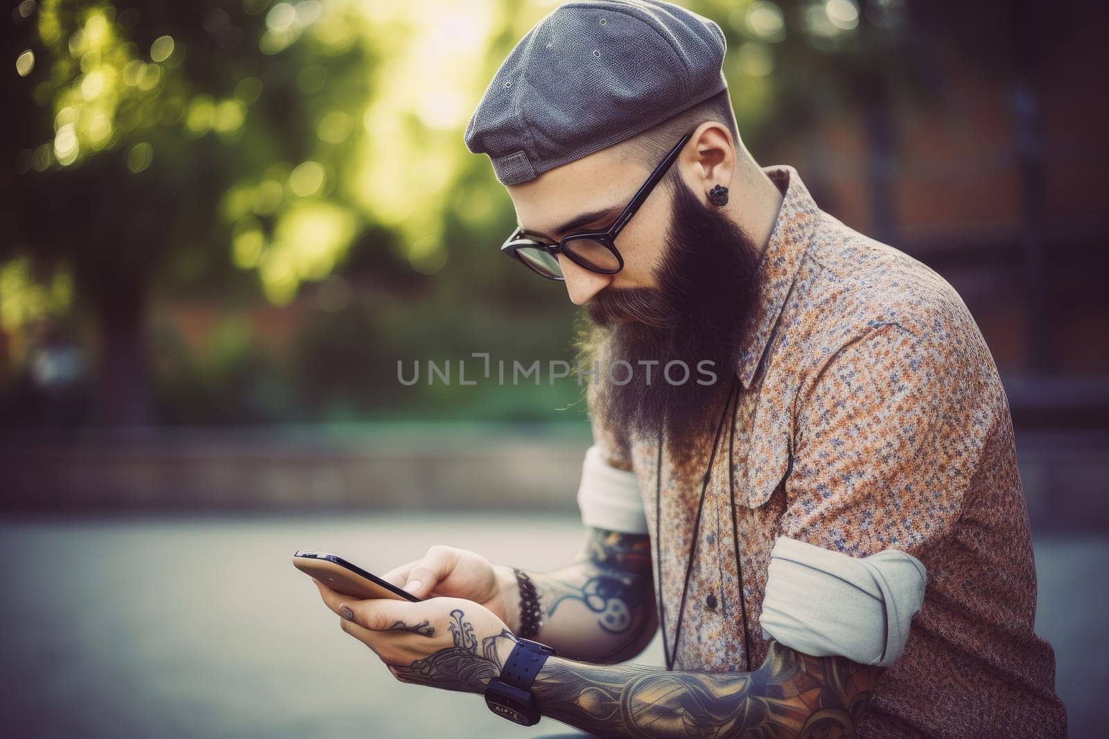 Handsome, old-fashioned hipster in shirt, chatting with smartphone in the city. AI Generative,