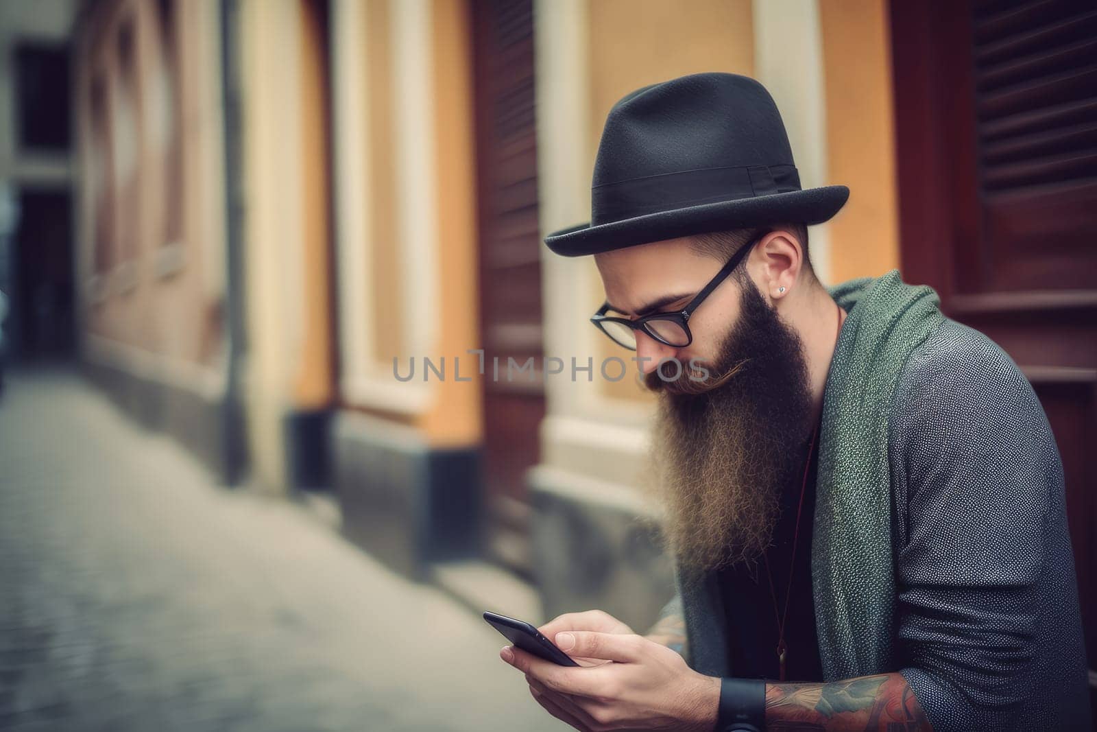 hipster with long beard glasses and hat using his smartphone in the city, Ai generative,