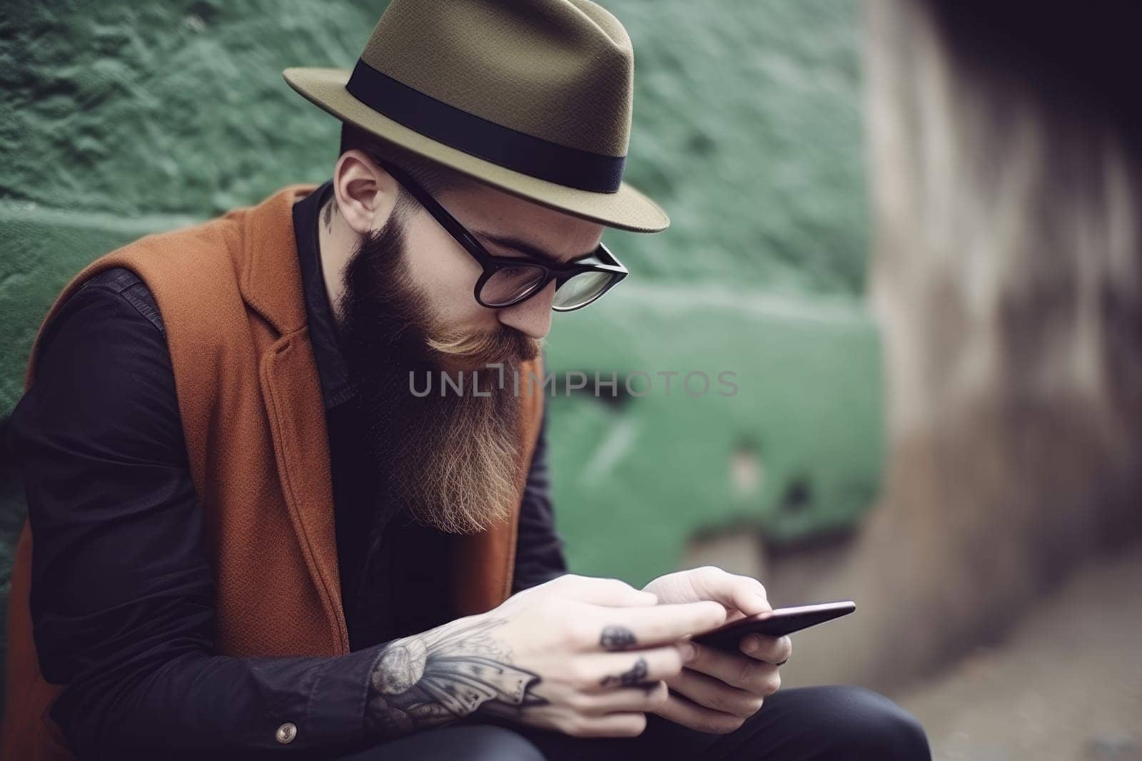 hipster with long beard glasses and hat using his smartphone in the city, Ai generative,