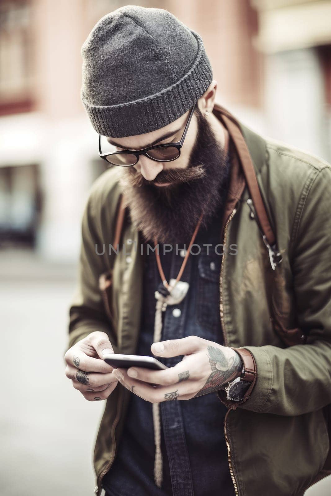 Detail of hipster man with phone,AI generative,