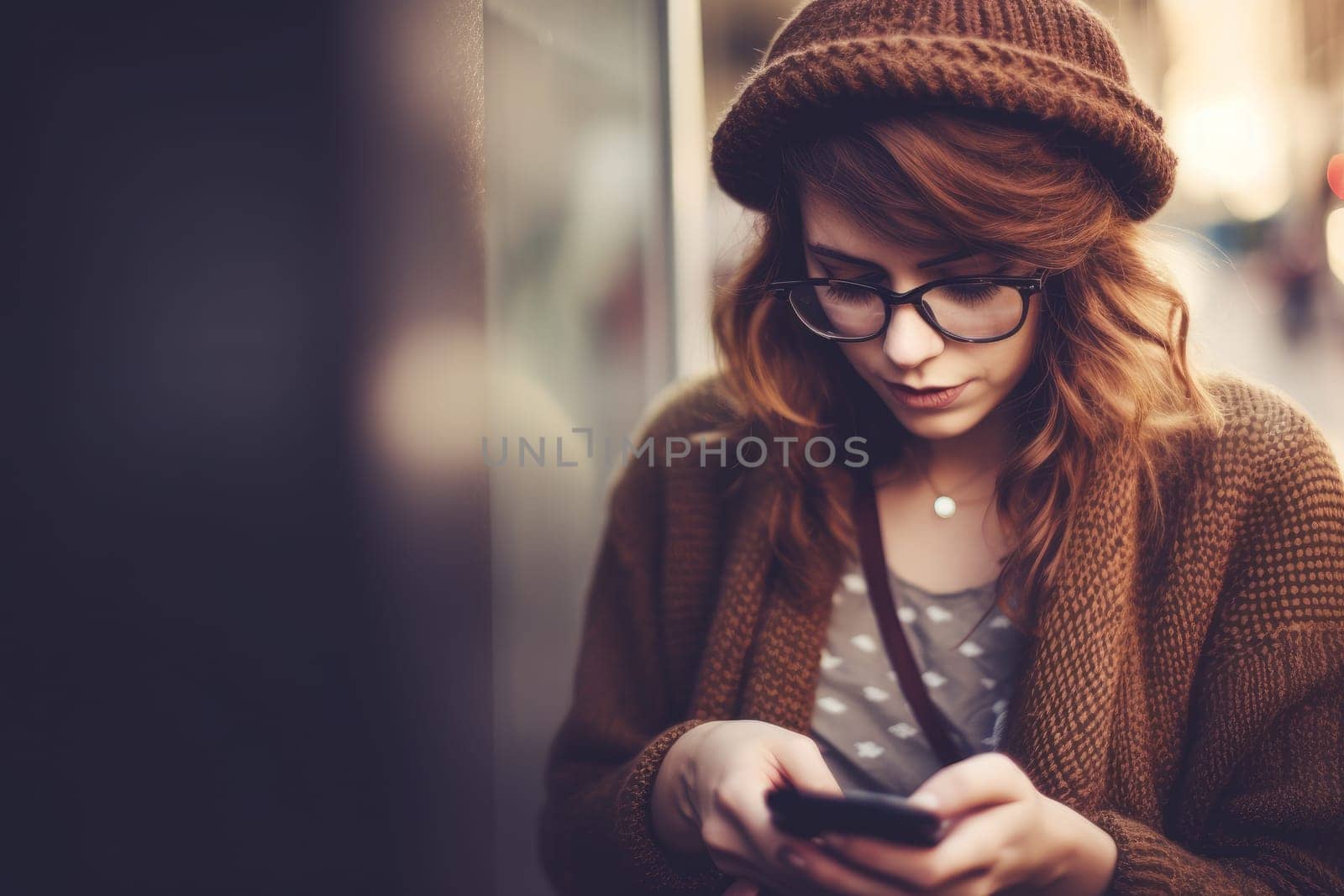 young girl in brown coat and woolen cap, walking through the streets of the city and concentrated using smartphone to interact with her friends. Good vibes. Concept of modern technologies, Ai Generative,