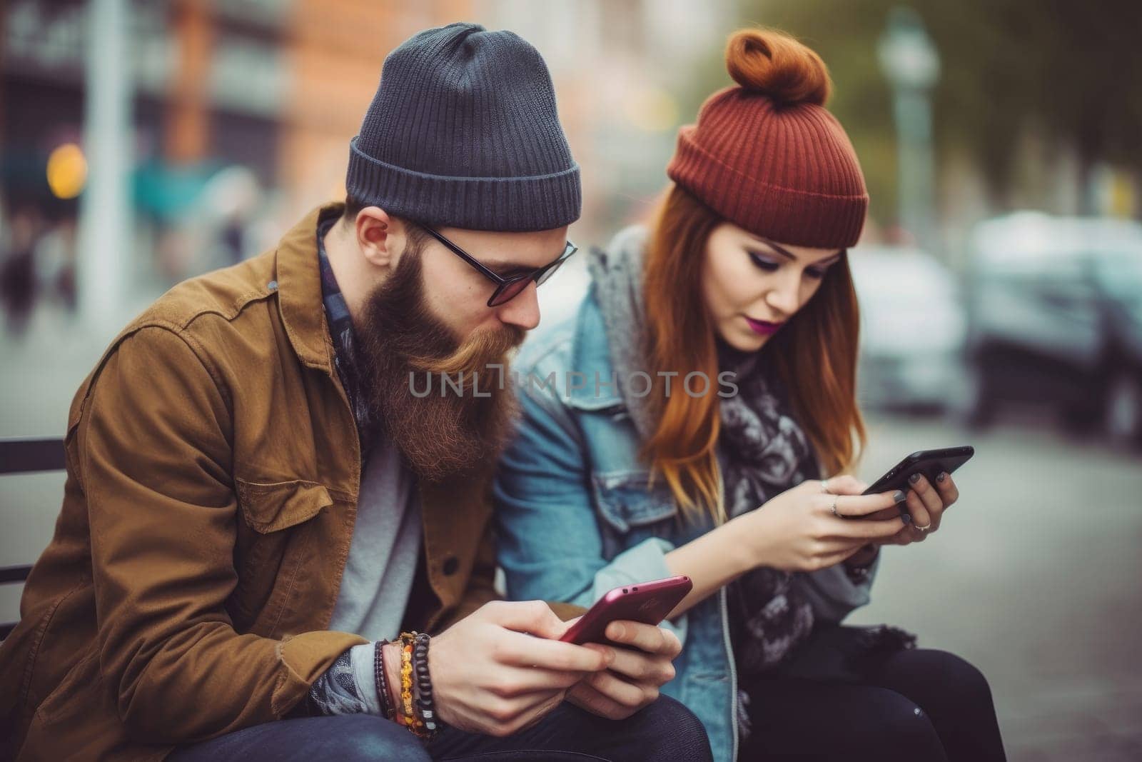 Fashionable young hipster couple sitting with smart phone, on social media, AI Generative,