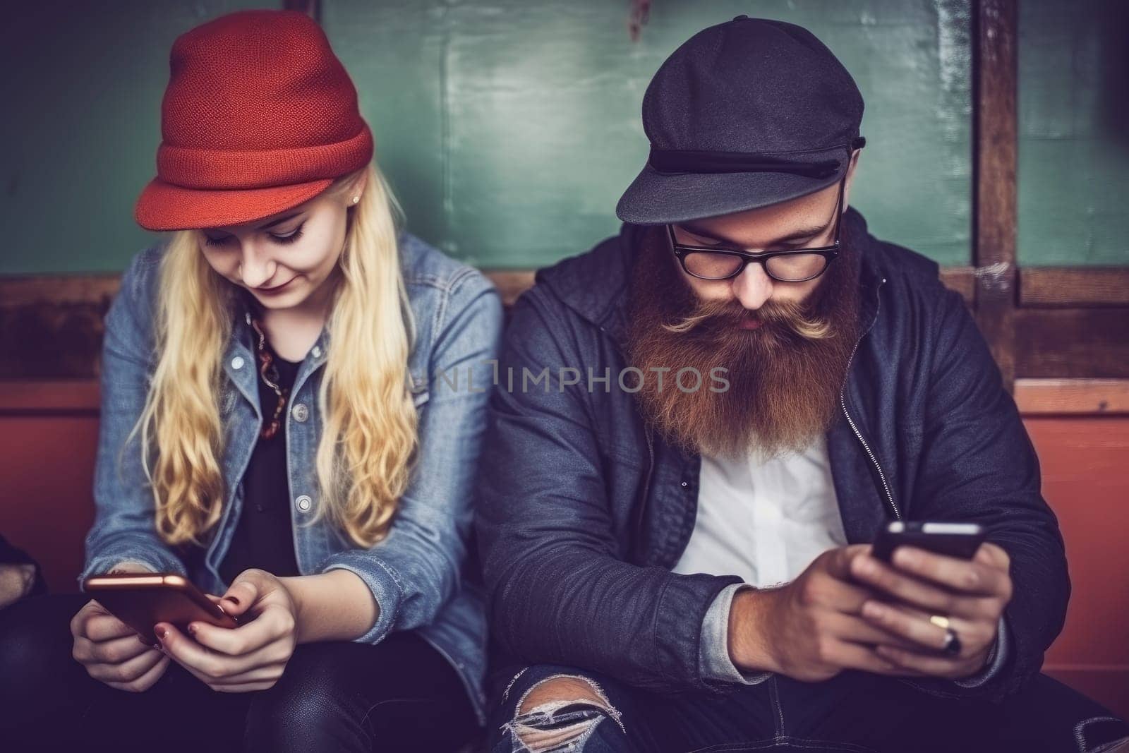 Fashionable young hipster couple sitting with smart phone, on social media, AI Generative,