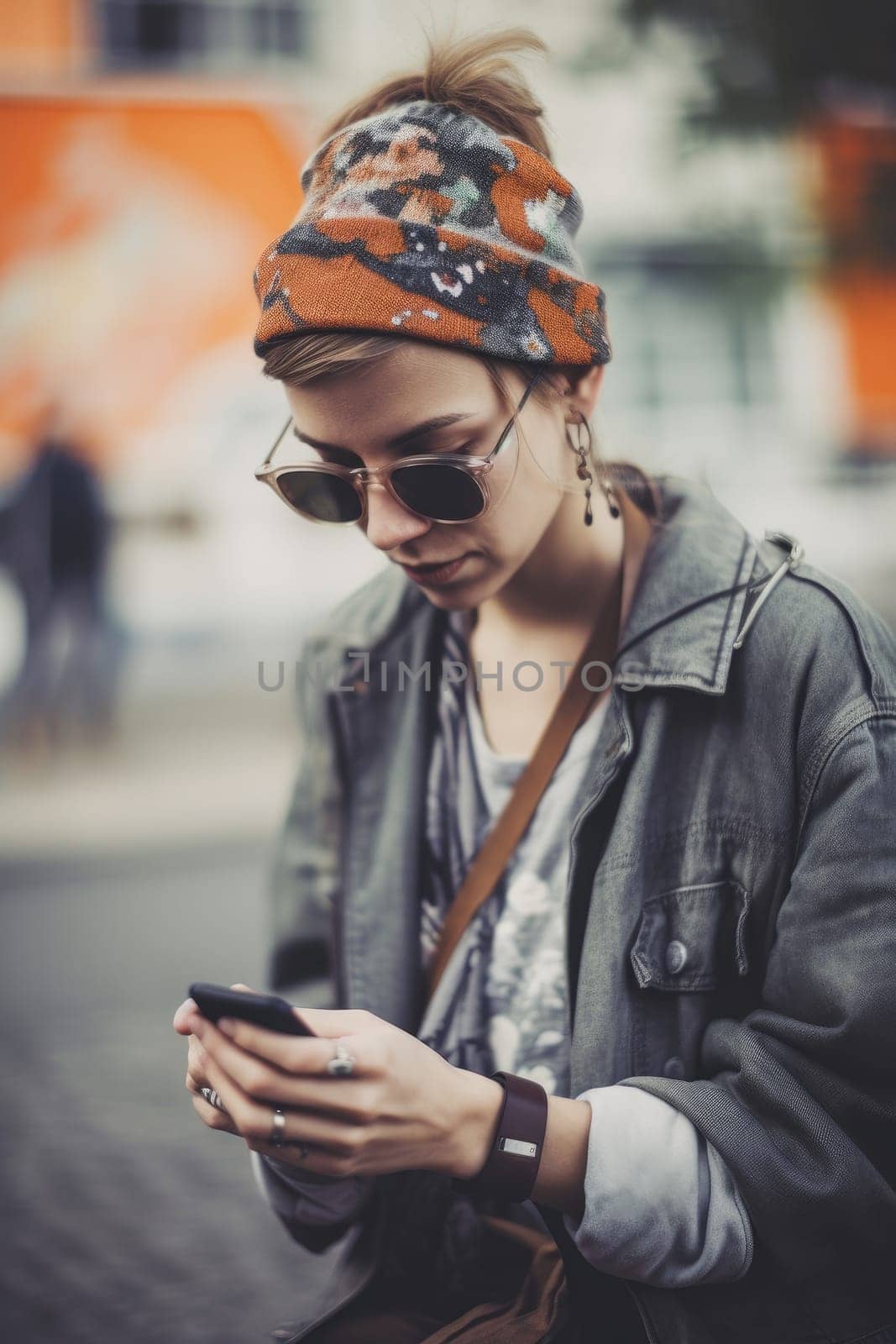 hipster girl with glasses vintage clothes, using smartphone in the city, Ai Generative,