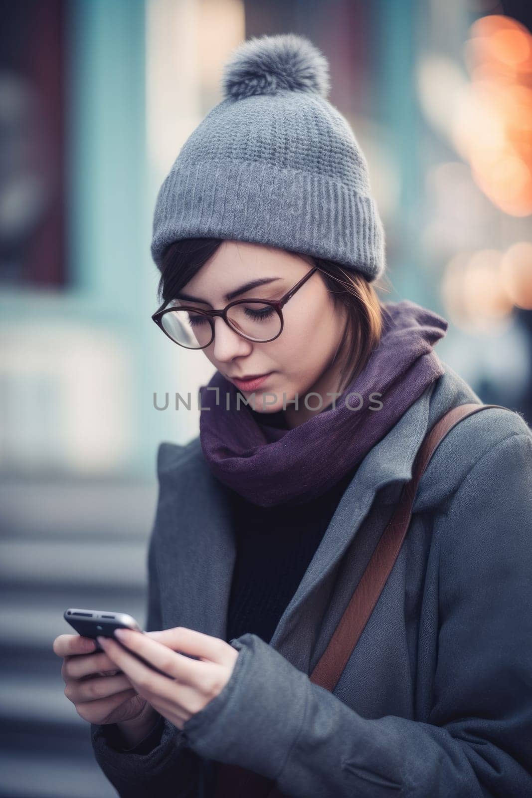 Portrait of young smiling girl in light coat and scarf , walking through city streets and using smartphone to interact with friends. Good vibes. Concept of modern technologies. Ai Generative