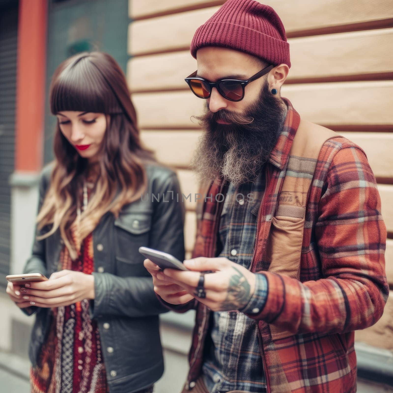 hipster couple looking at smartphone on sidewalk, Ai Generative,