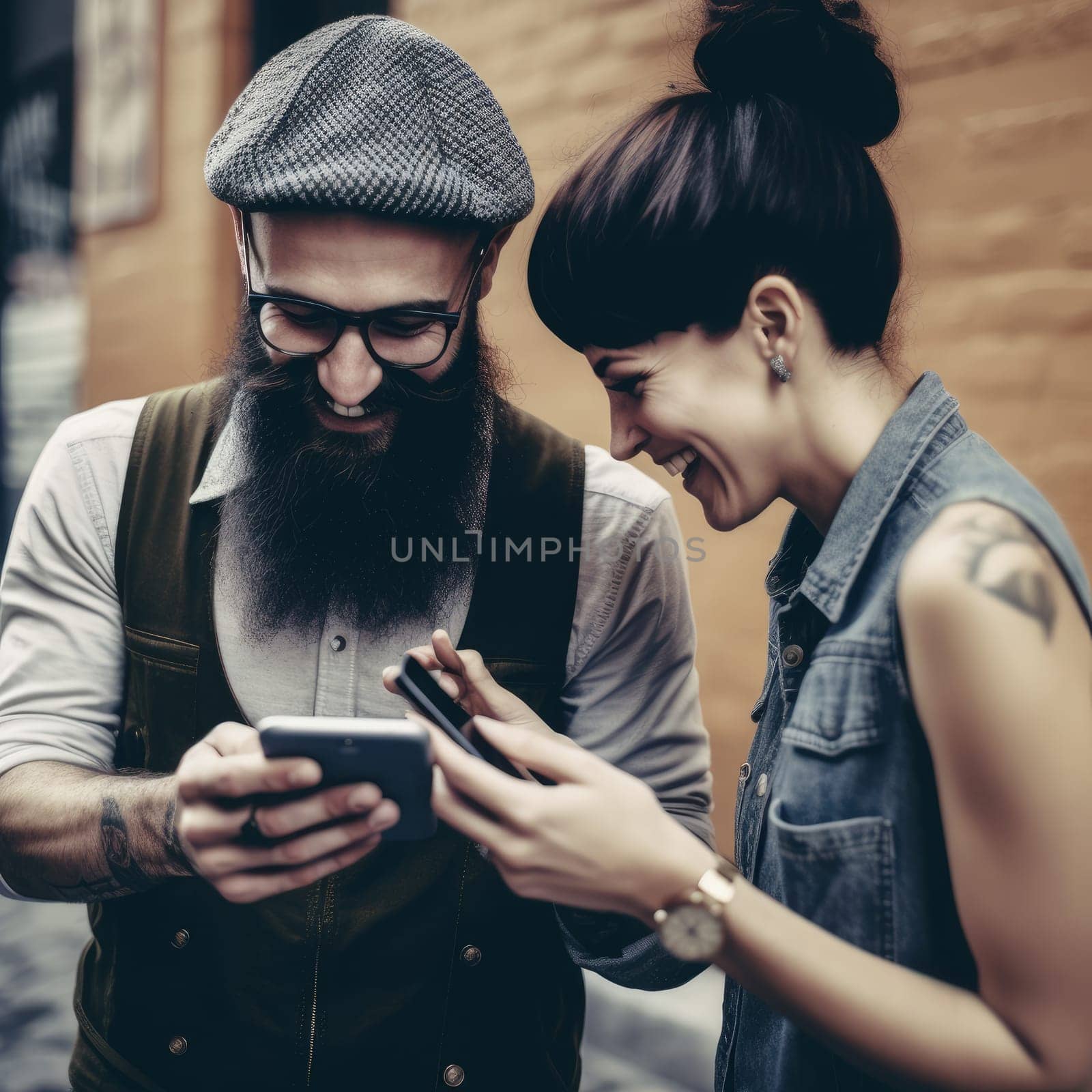 Young hipster couple having genuine fun wandering around downtown Wanderlust lifestyle and travel concept with boy and girl together interacting on social media with their smart phone, Ai Generative,