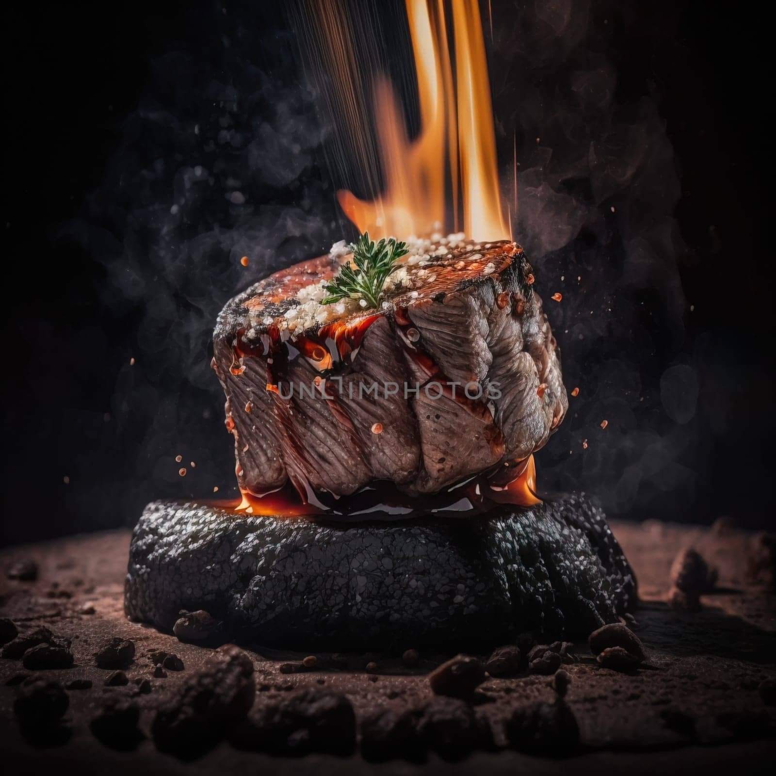 Angus beef fillet, stone grilled with broccoli and asparagus. Generative ai