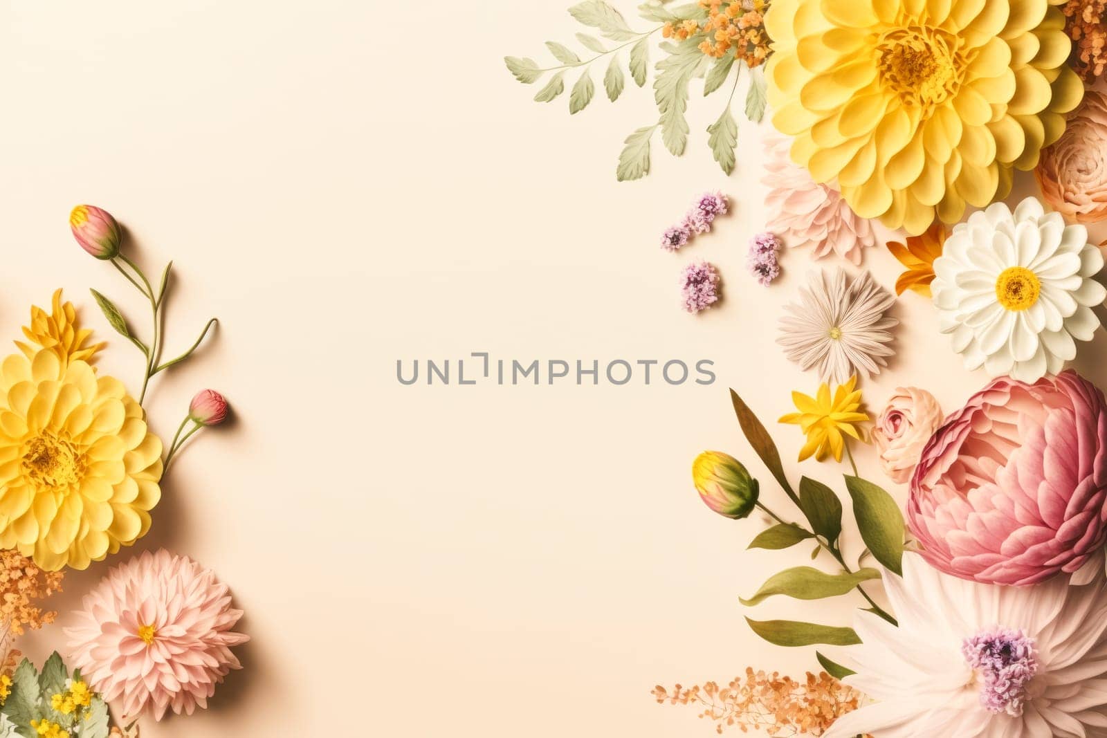 A spring background with pastel-coloured flowers is a natural work of art that shows the beauty and joy of the season. The soft colour palette, from pale pink to light yellow, creates a sense of calm and serenity in any space.on to the background, while the overall ambience is fresh and vibrant. This background is perfect for adding a touch of spring to any design project, whether for an advertisement, a website, or to decorate a room. The delicate and elegant flowers add a touch of elegance and sophisticati