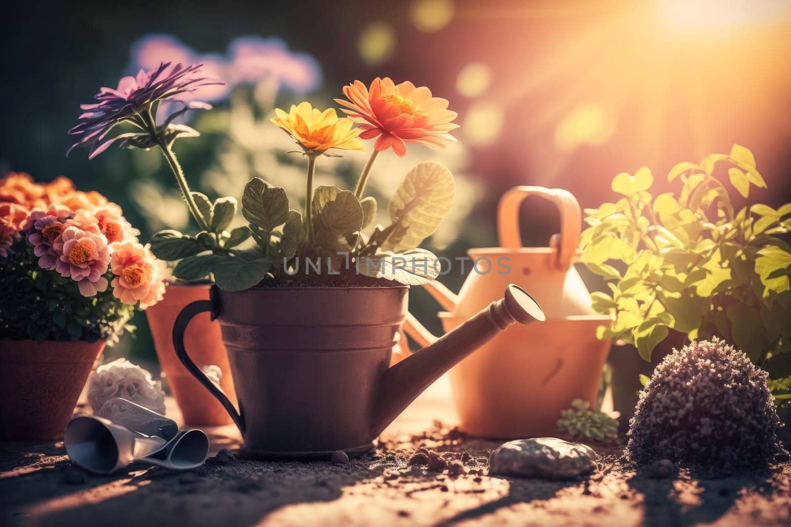 Pot of chrysanthemums with gardening tools, with spring sun at sunset generative ai,