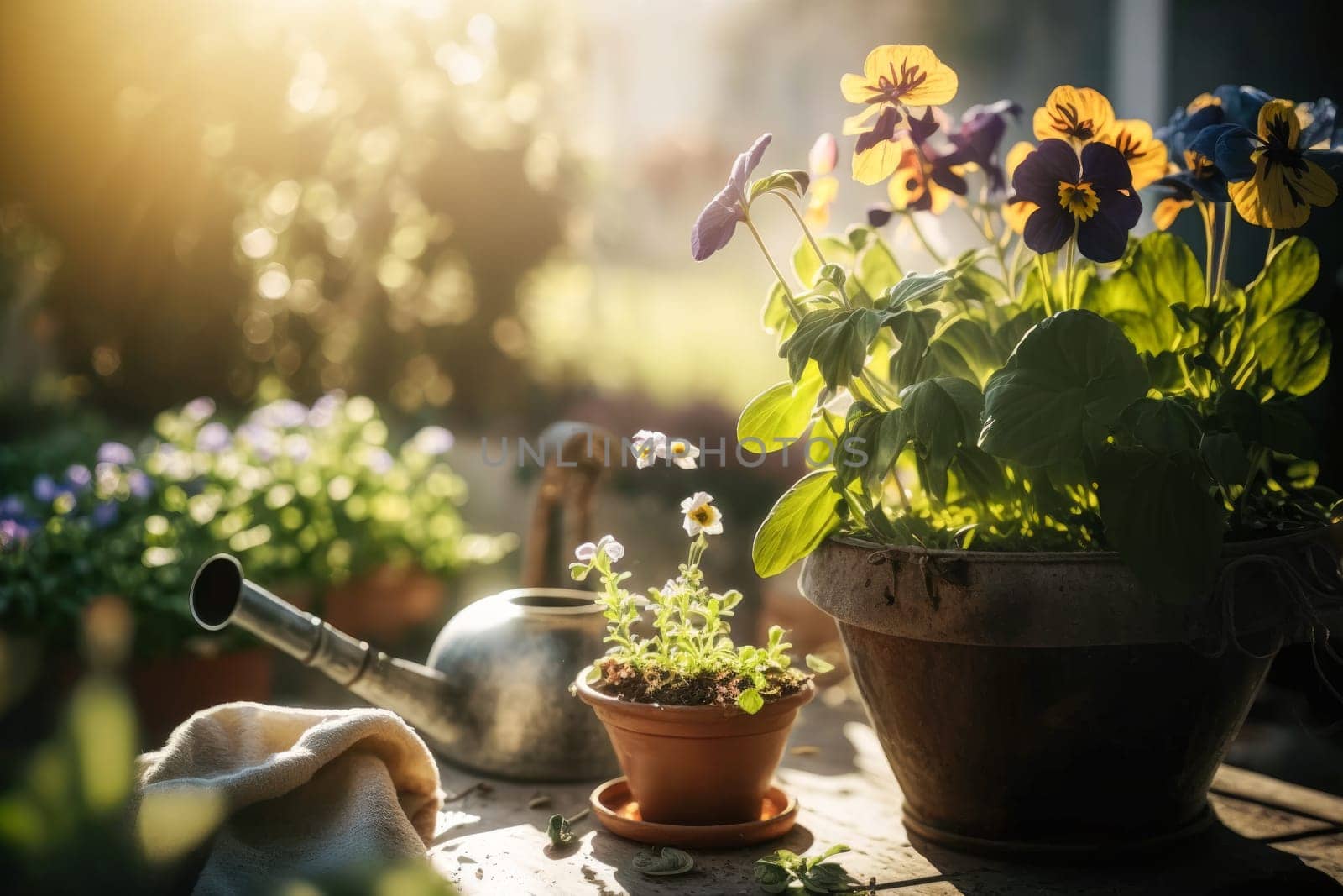 floral ornaments on a table outside at sunset in springtime generative ai,