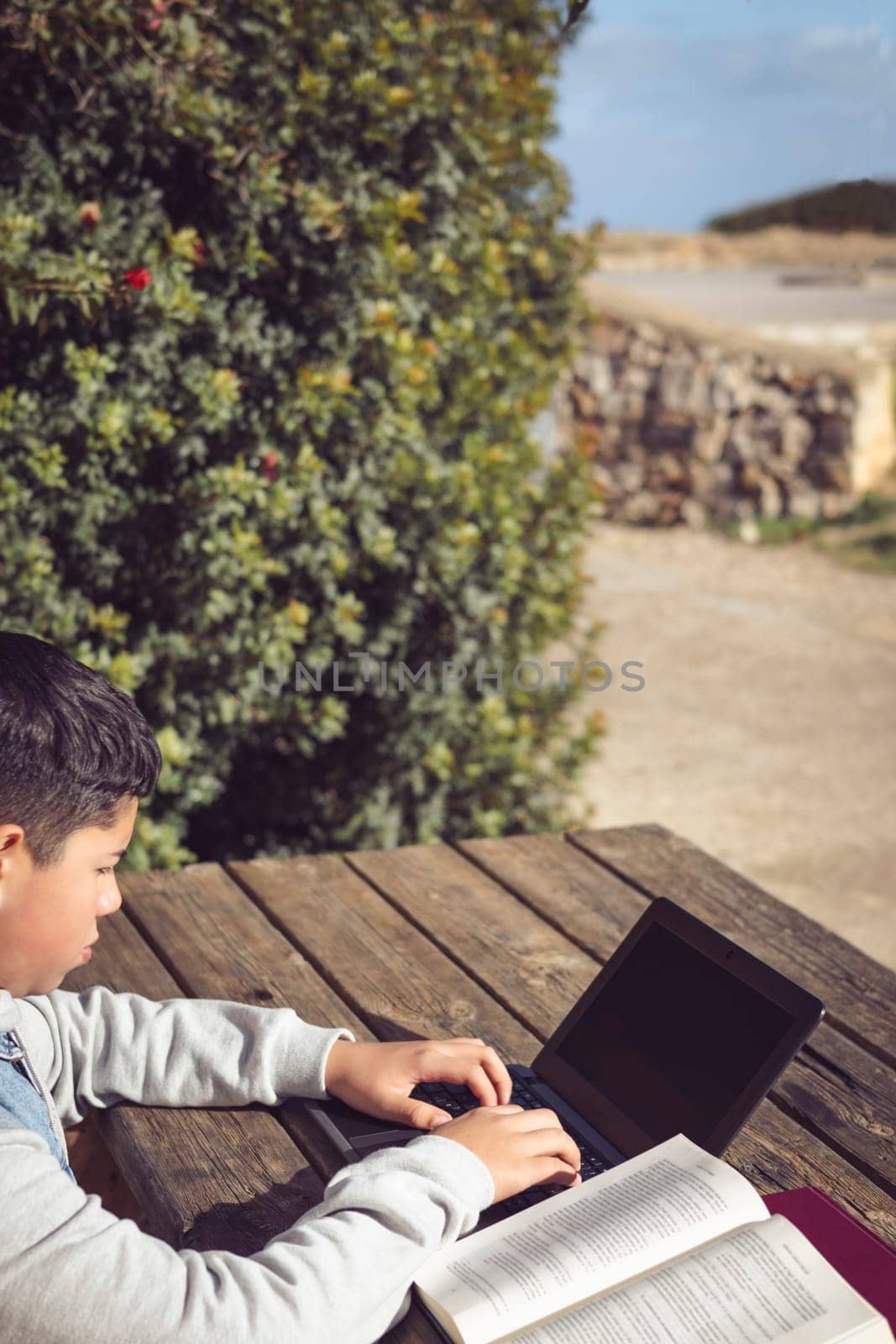 young latin student, outdoors, using laptop, sitting at a park table working with books and computer