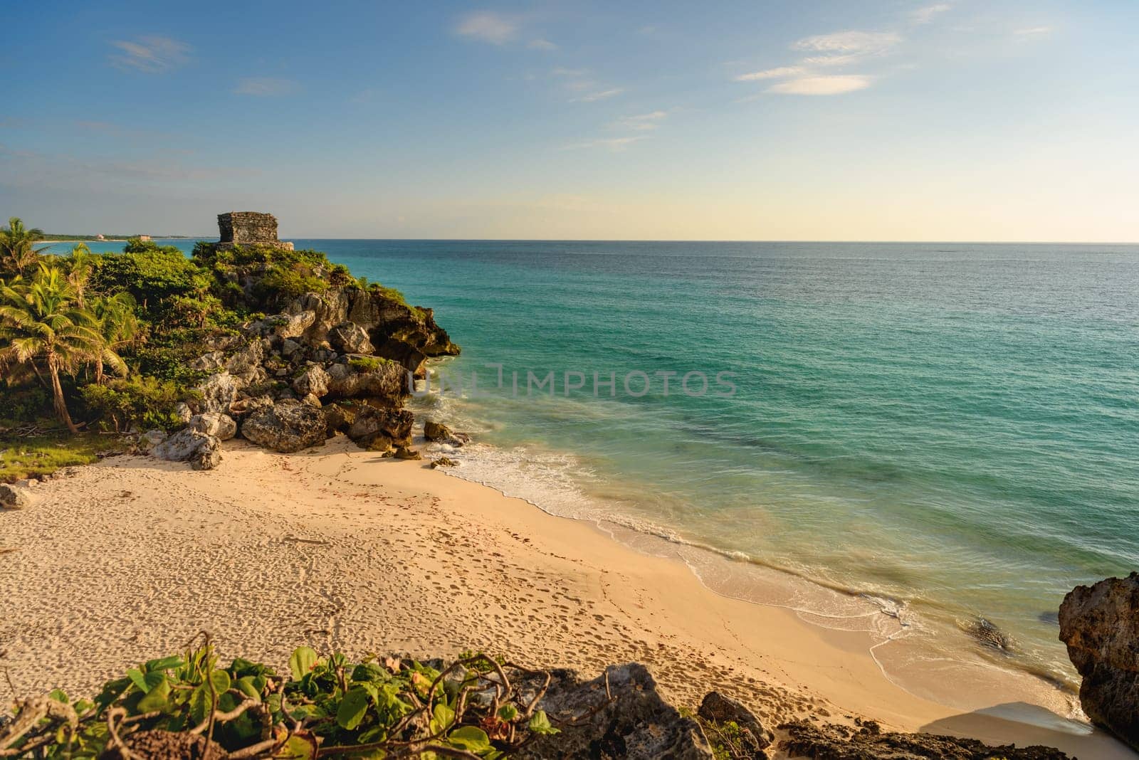 Tulum pyramid old ruin, Ancient Mayan civilization and caribbean beach in riviera maya,