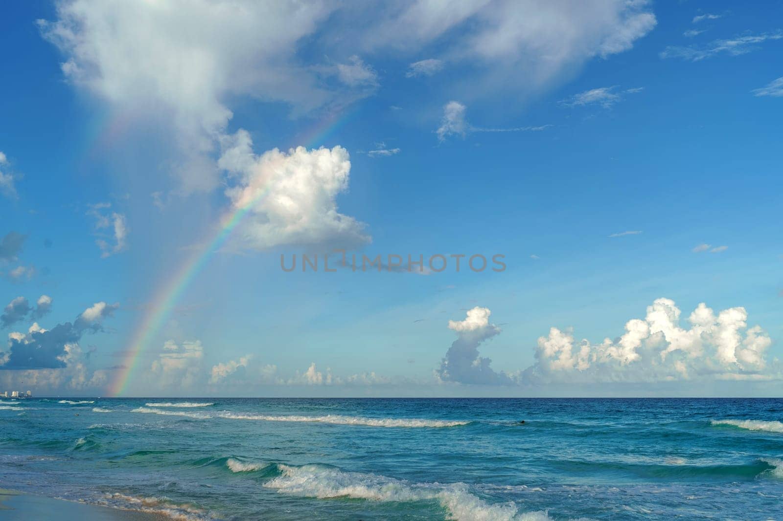 Sea shore on the Caribbean beach in the Zona Hoteleria in Cancun Quintana Roo Mexico.