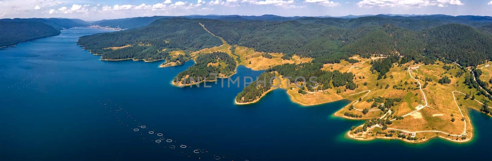 Stunning aerial panorama view of the lake coastline, Dospat, Bulgaria