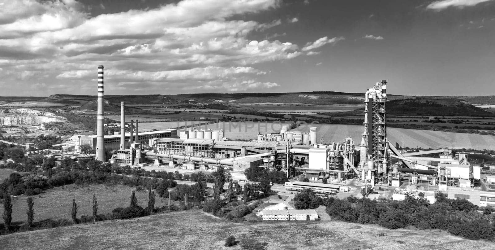 Aerial view from drone of cement factory. The industrial landscape.