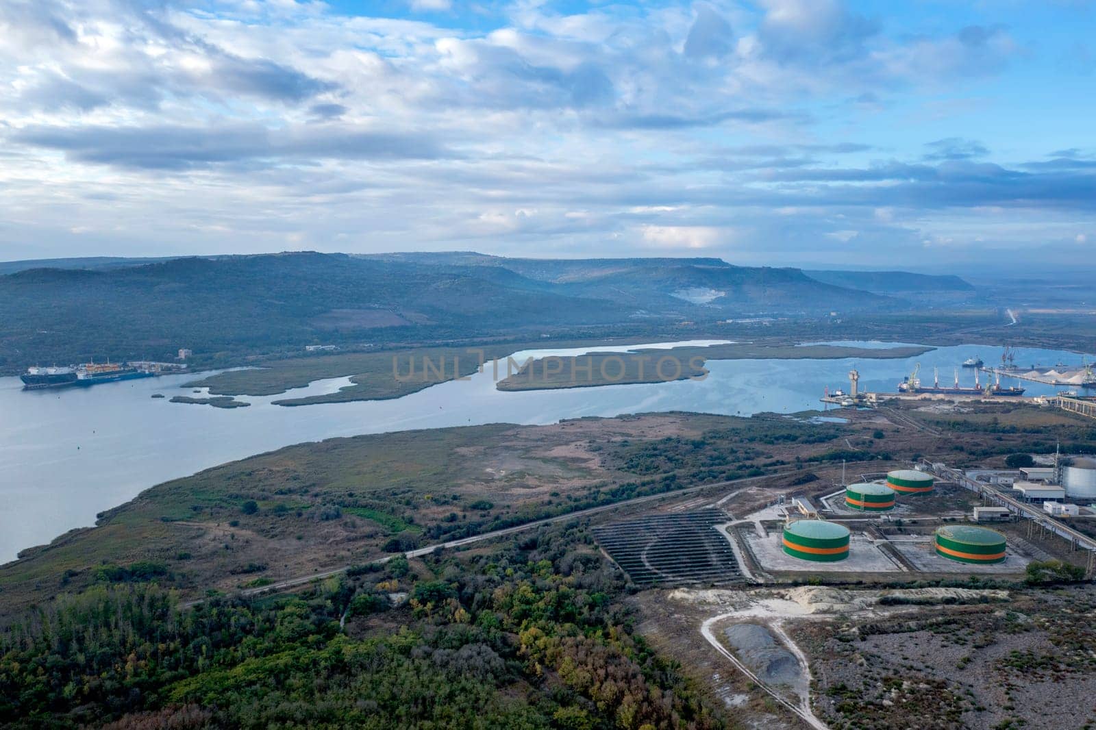 aerial view of an industrial zone near water