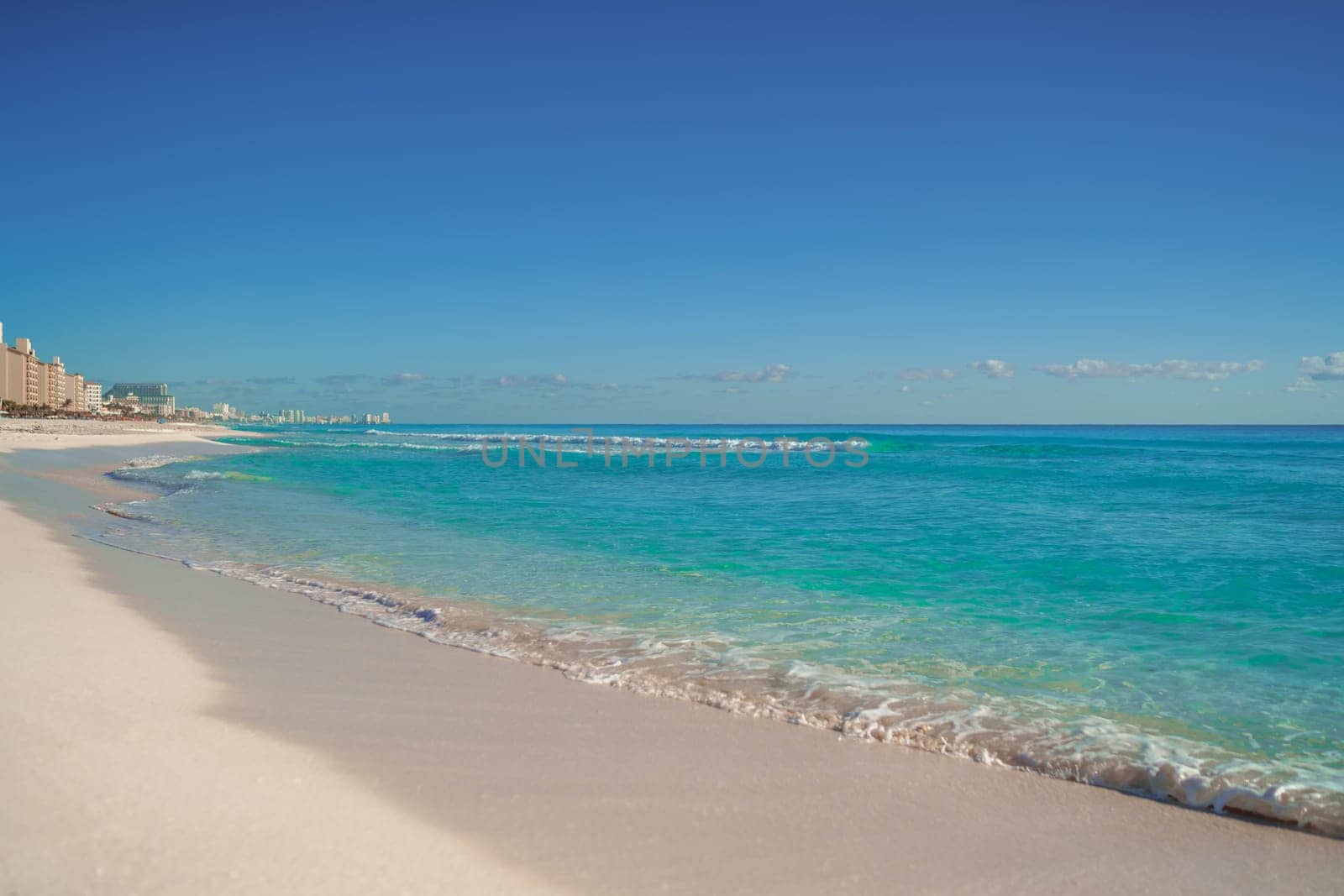 Sea shore on the Caribbean beach in the Zona Hoteleria in Cancun Quintana Roo Mexico.