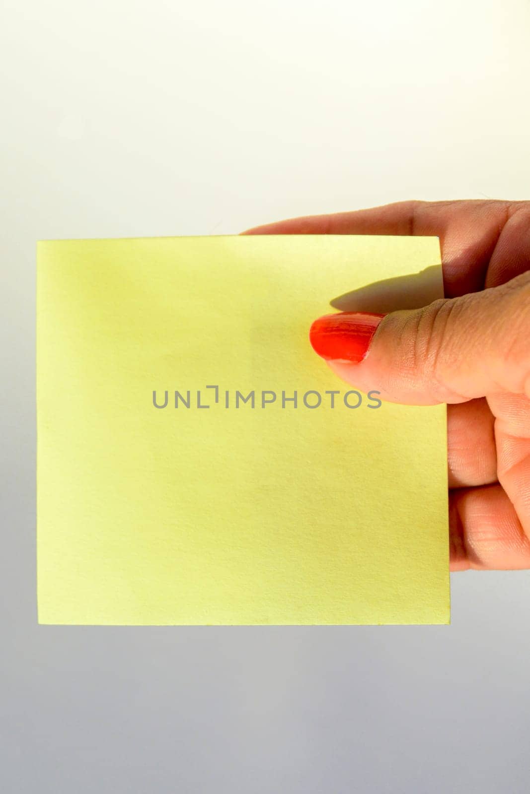 Woman's hand with painted nails holding blank letter paper on pure white background.