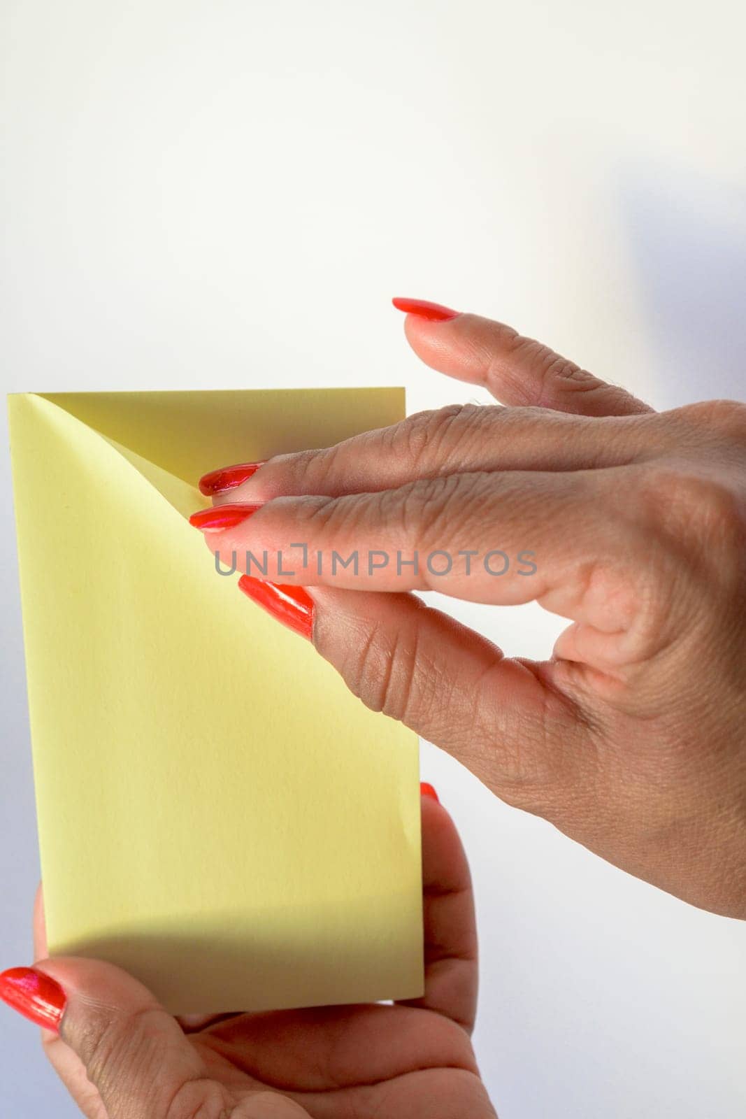 Woman's hand with painted nails holding blank letter paper on pure white background.