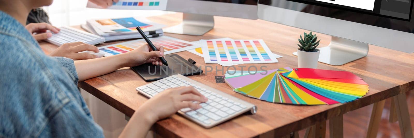 Graphic designer works on computer laptop with digital pen. Scrutinize by biancoblue