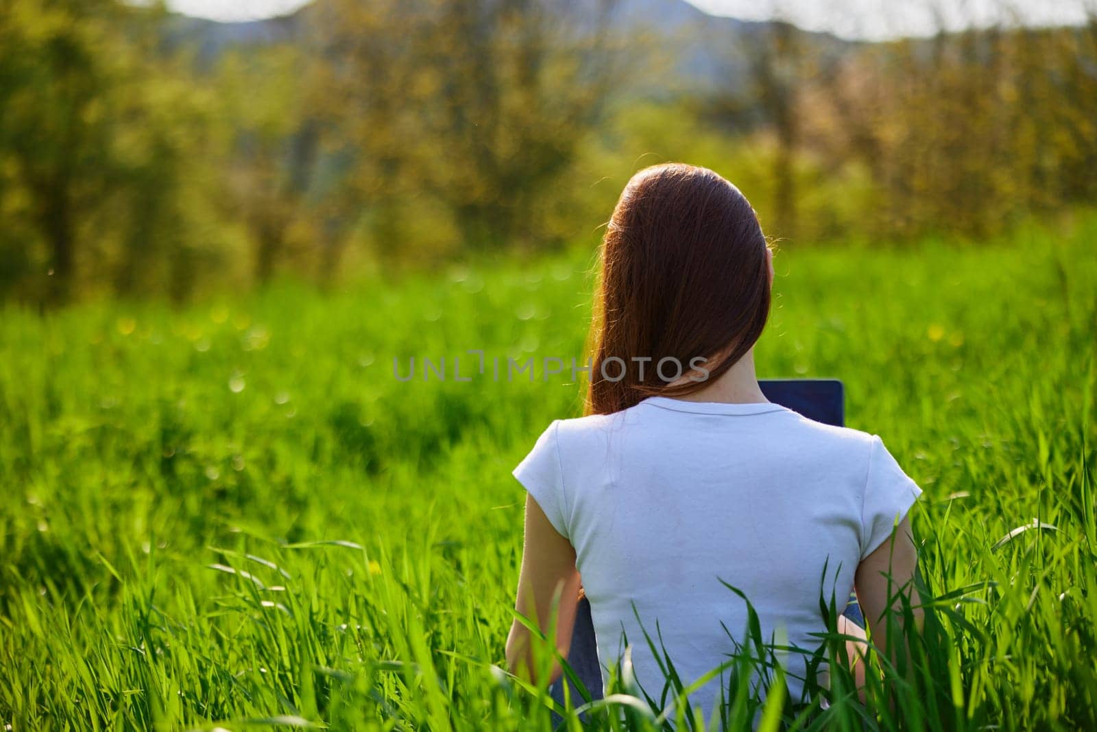 woman with laptop sitting with her back to the camera in a field. High quality photo