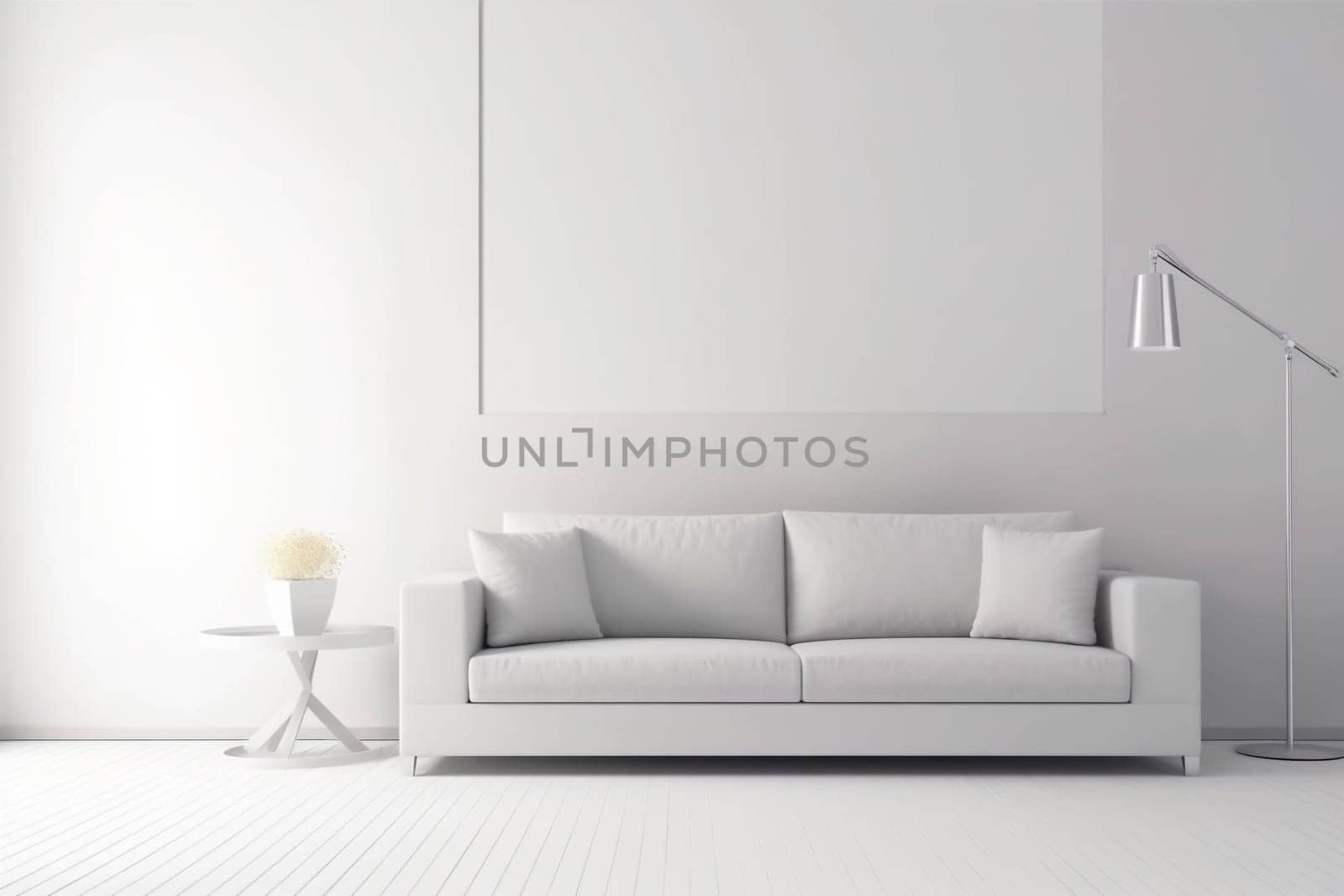 interior background white home trendy simple room couch house living comfortable scandinavian cosy cushion. Generative AI.