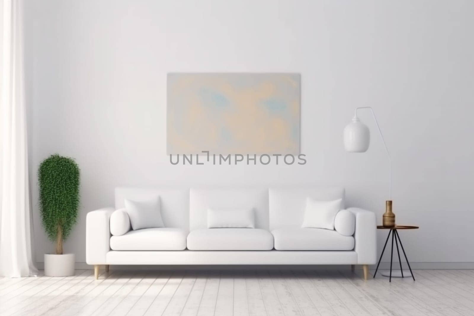 interior background living pillow white trendy green furniture lifestyle comfortable design decoration concrete luxury empty floor sofa couch contemporary render home indoor. Generative AI.