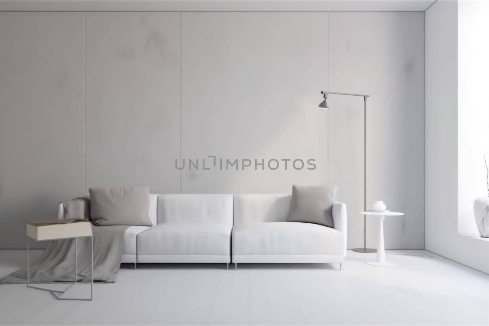 interior cushion comfortable modern concrete wall loft style stylish white contemporary trendy floor. Generative AI. by SHOTPRIME