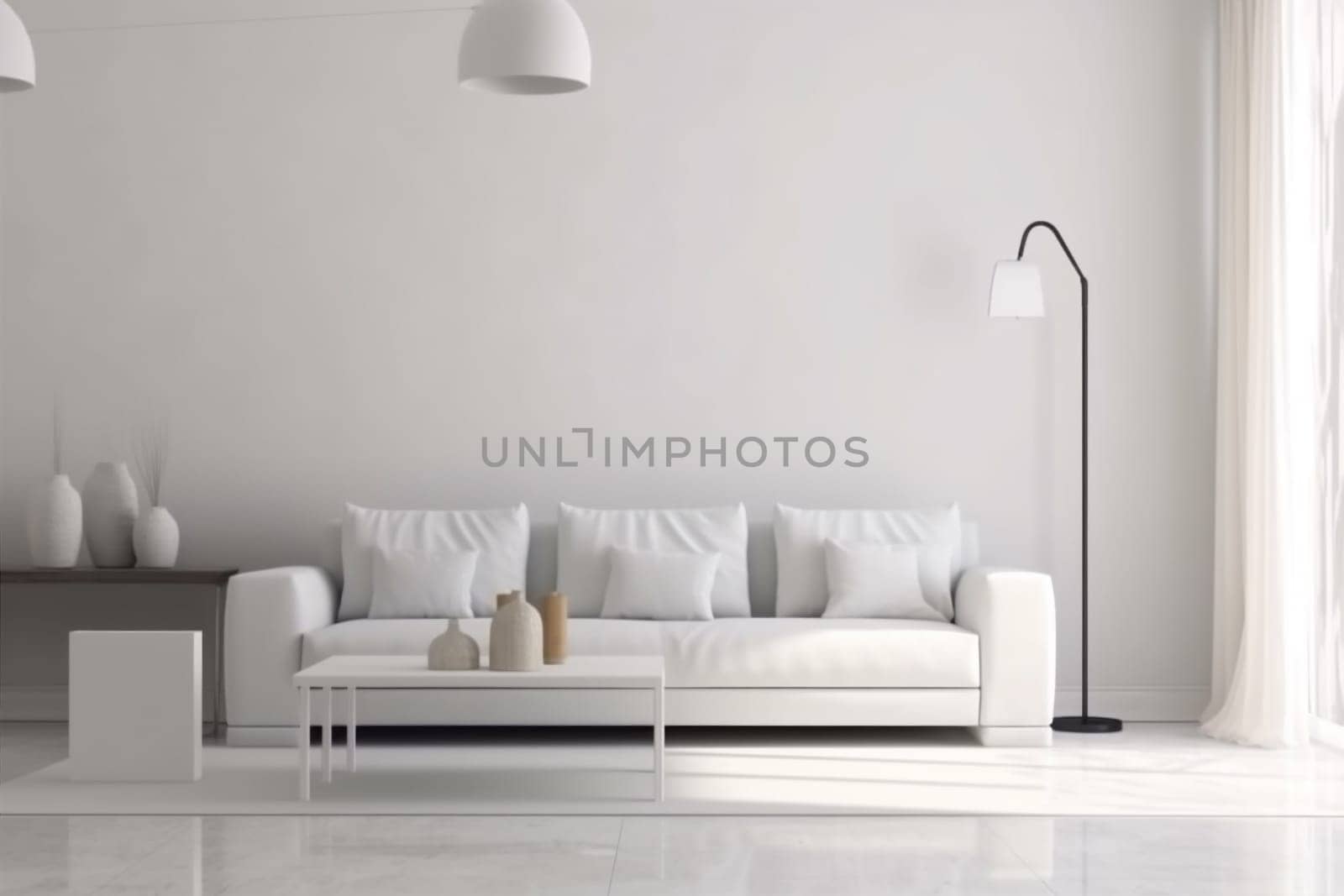 interior concrete furniture lifestyle loft living room luxury decor carpet design pillow. Generative AI. by SHOTPRIME