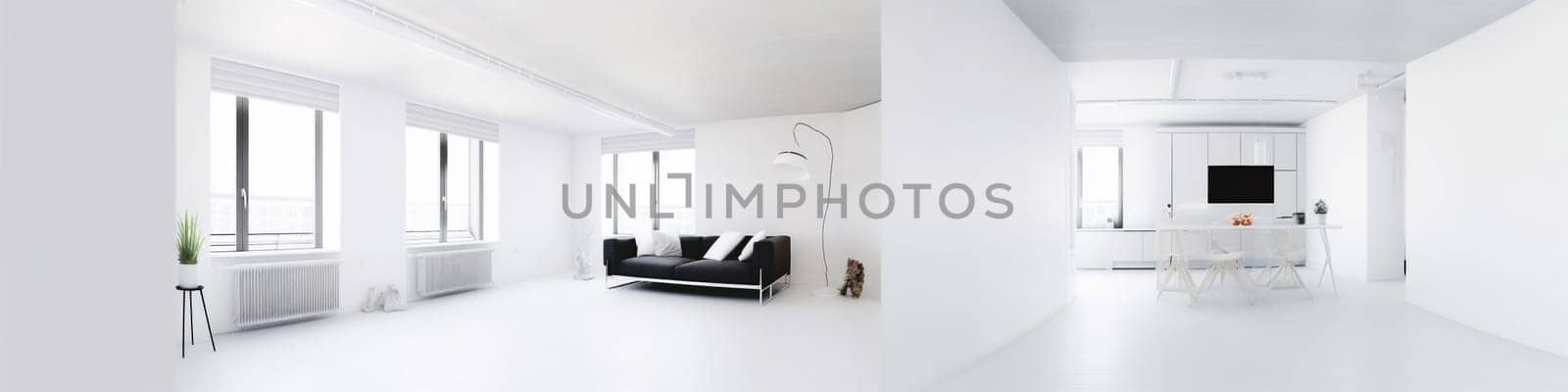 interior carpet indoor home chrome design couch inside sofa floor flat dining white living table d contemporary panoramic kitchen lamp architecture. Generative AI.