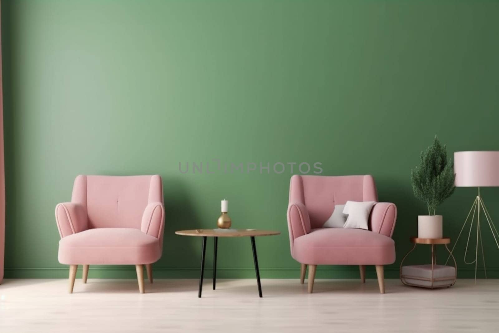 interior background luxury living couch pillow living room lounge green copy space room carpet render apartment decoration decor. Generative AI.