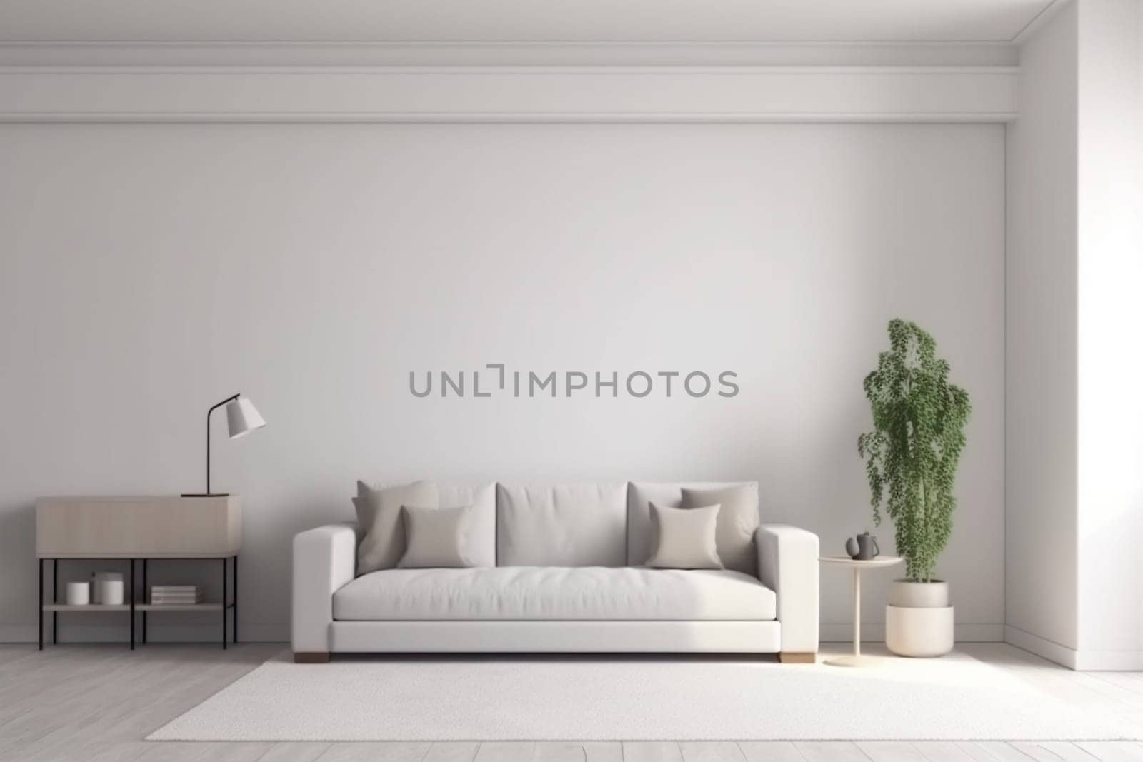 interior background home room scandinavian empty cushion cosy contemporary lifestyle carpet couch decor decoration furniture concrete wall space white grey sofa render. Generative AI.