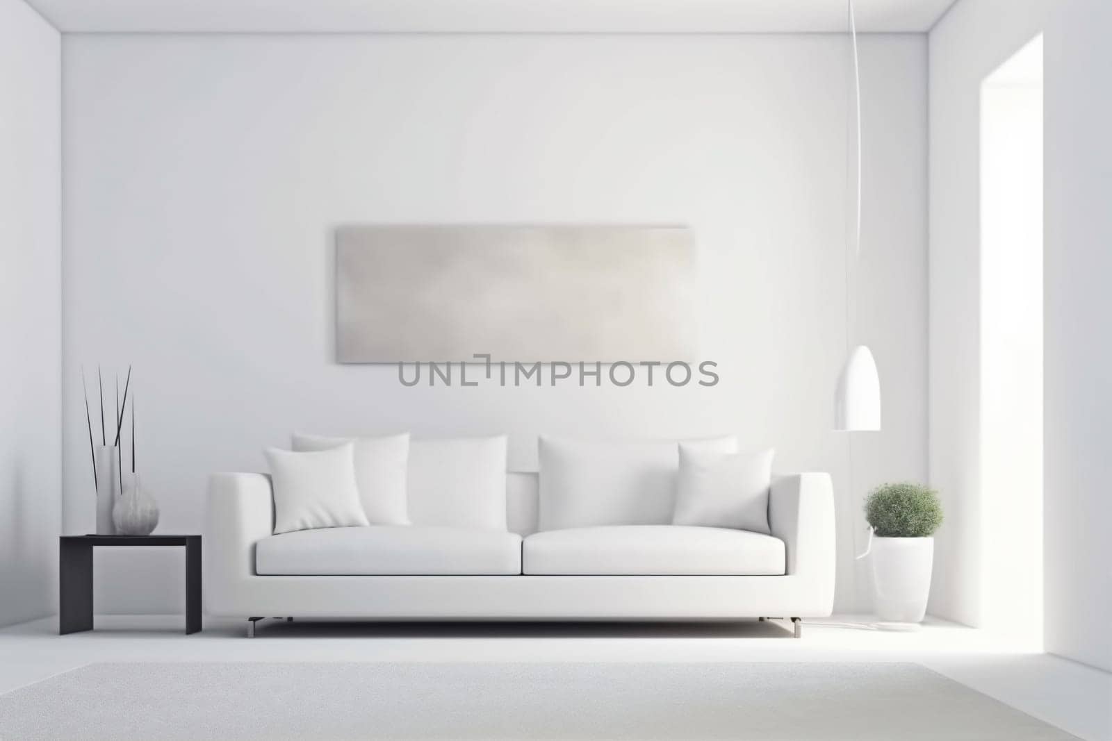 interior background sofa white scandinavian indoor lifestyle style modern apartment. Generative AI. by SHOTPRIME