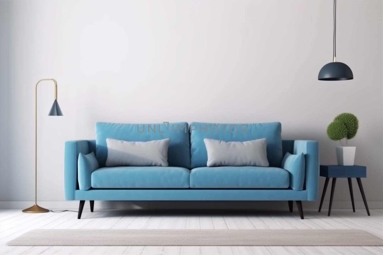 interior background contemporary copy space trendy sofa light apartment cosy wall living room loft blue couch lamp living modern space decor room. Generative AI.