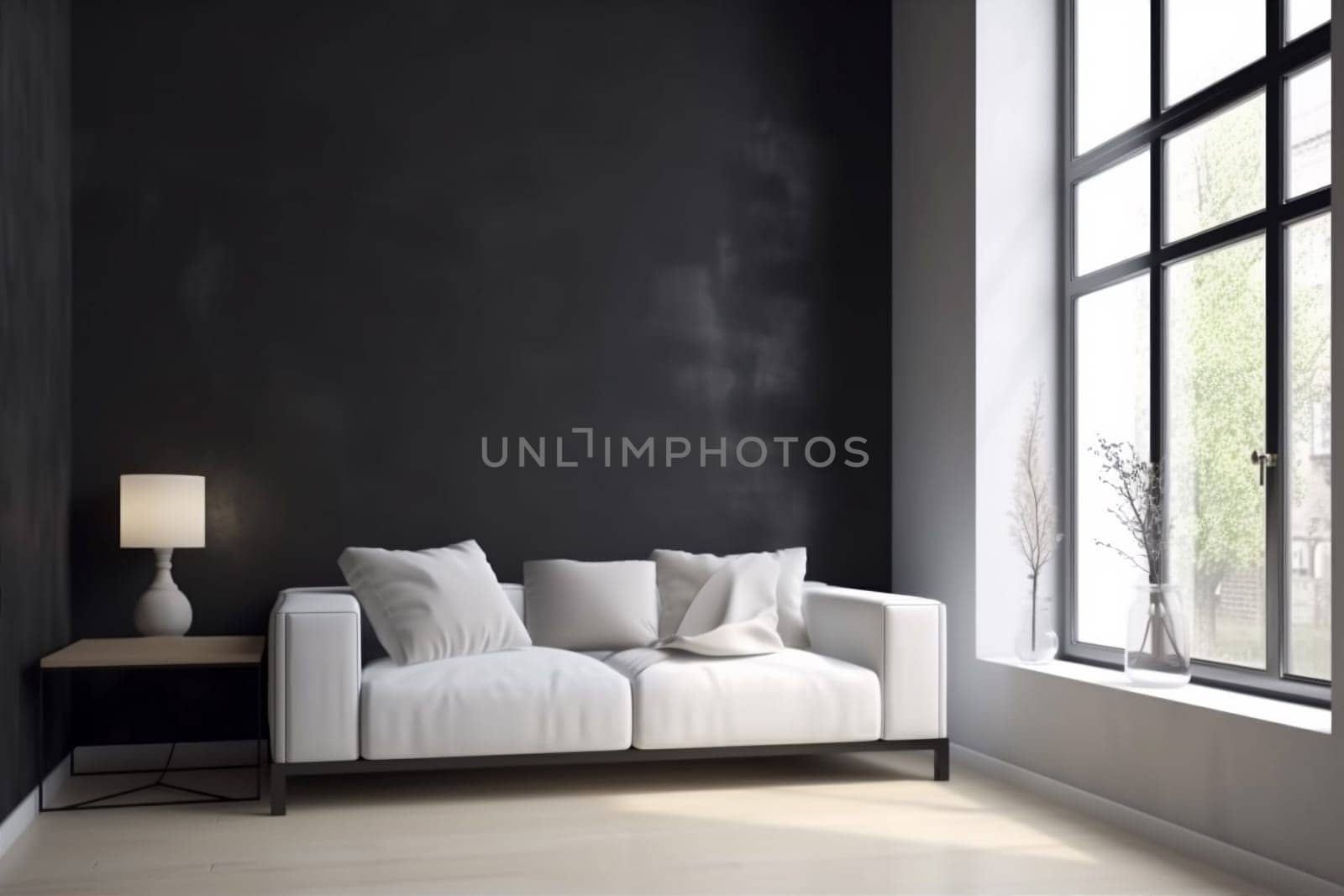interior background cosy lifestyle contemporary scandinavian cushion concrete comfortable light couch room carpet white lamp space house style grey living room stylish. Generative AI.