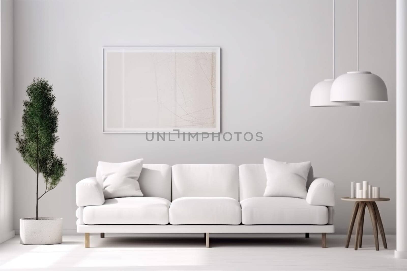 interior background white loft modern couch trendy furniture light concrete wall cosy concrete. Generative AI. by SHOTPRIME