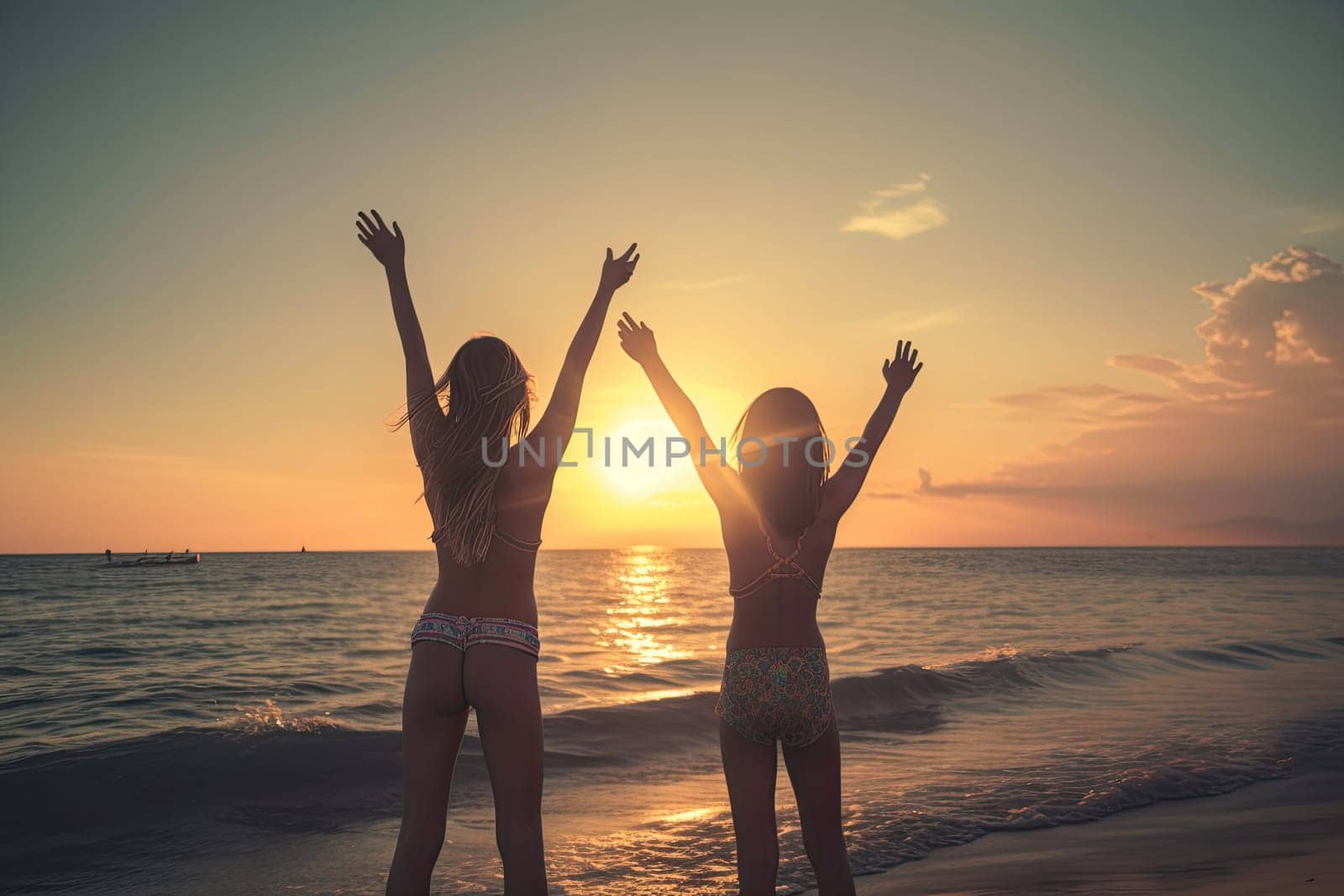 Happy Girls friends raising arms in the beach at sunset by papatonic