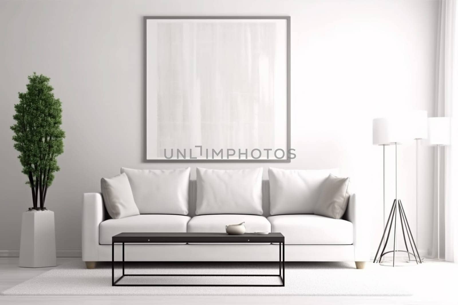 interior background carpet loft lounge pillow lifestyle couch contemporary apartment decoration space scandinavian grey three-dimensional floor lamp wall empty white stylish. Generative AI.