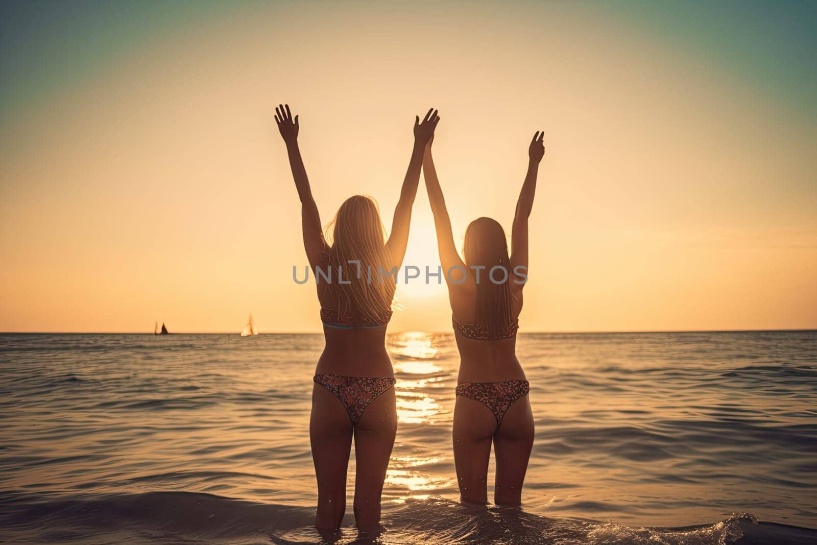 Happy Girls friends raising arms in the beach at sunset.