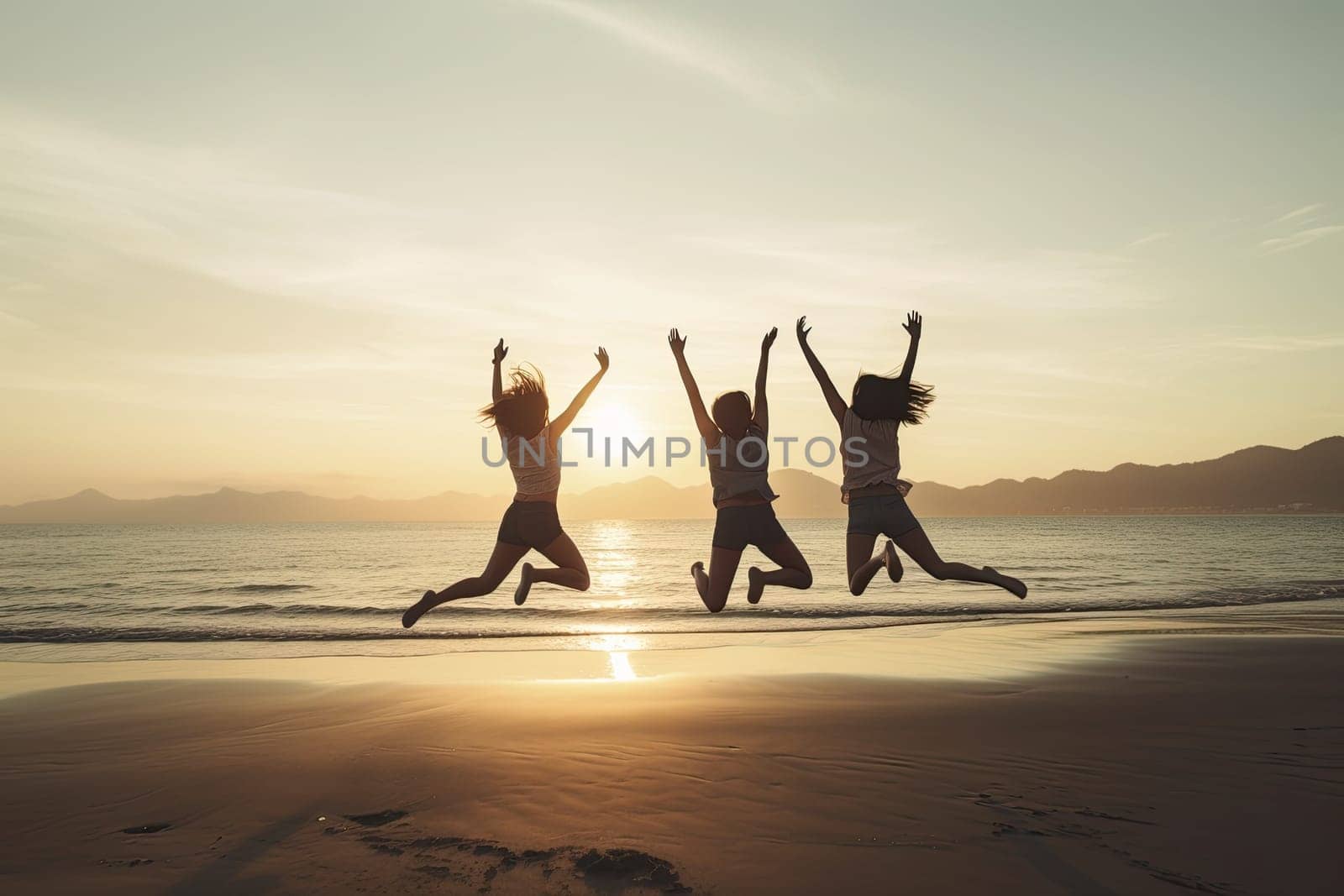 rear view of Group of three happy asian young women jumping on beach with sea in the background during sunset.Copy space by papatonic