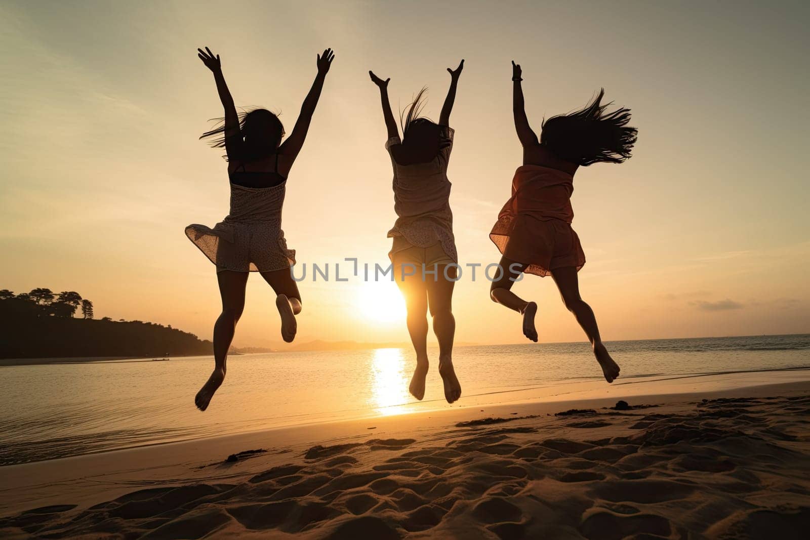 rear view of Group of three happy asian young women jumping on beach with sea in the background during sunset..