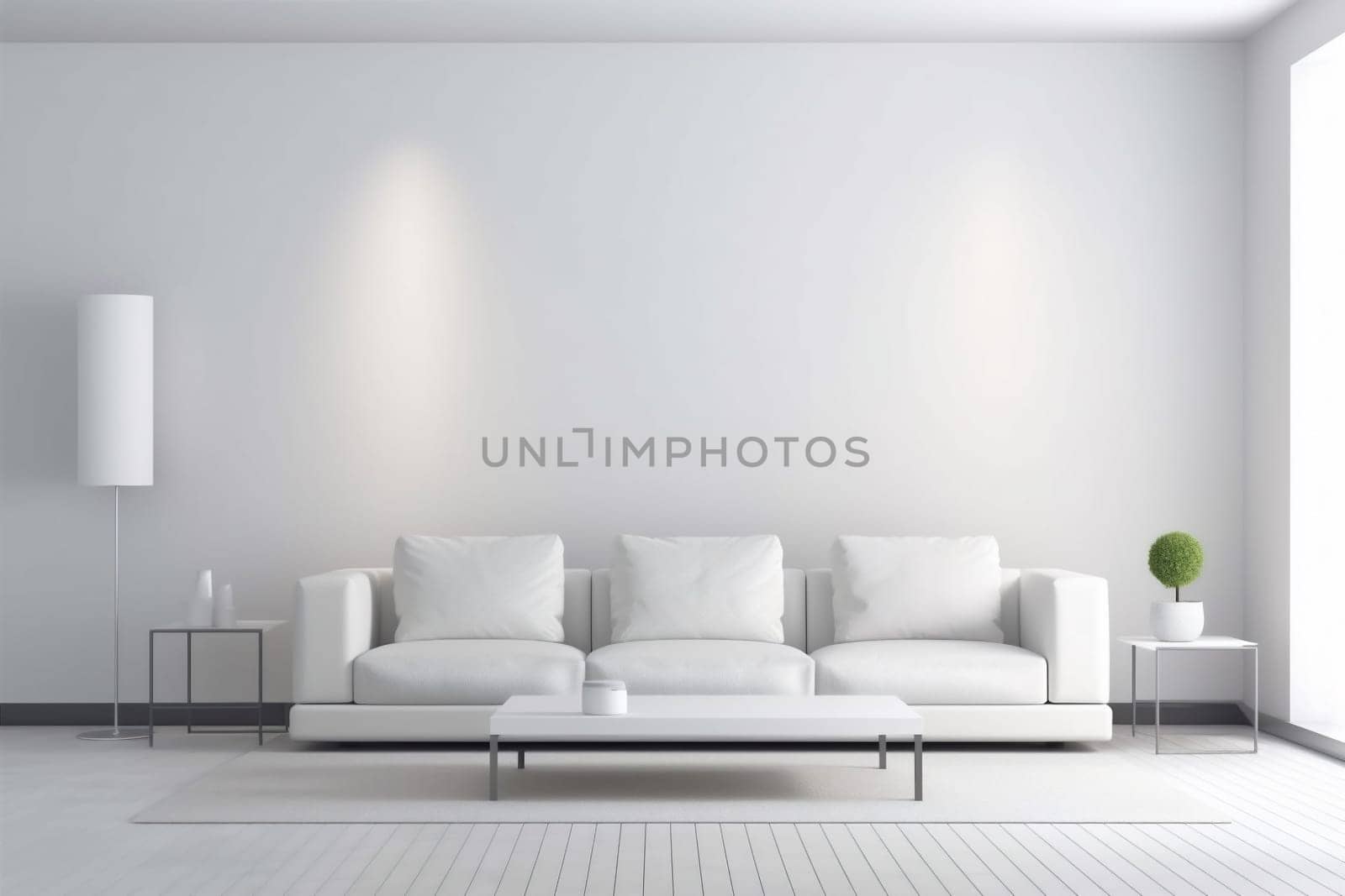 interior background sofa apartment home white house floor space decor simple comfortable concrete wall pillow white couch lamp stylish living lifestyle. Generative AI.