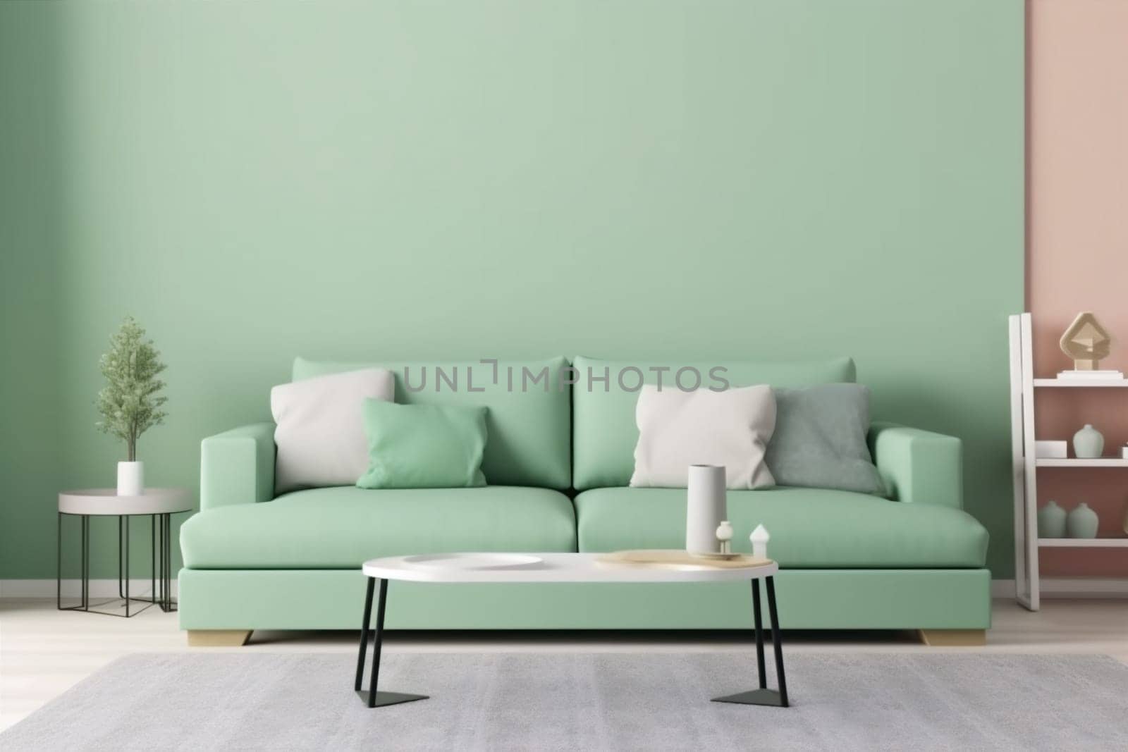 interior background wall sofa room living living room modern light luxury decor furniture green indoor style white three-dimensional pillow. Generative AI.